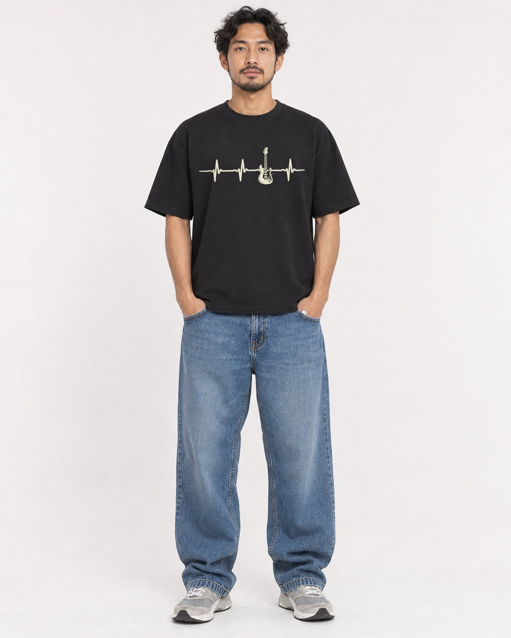 Mockup Boxy Heavyweight Tee Black male full-body 02