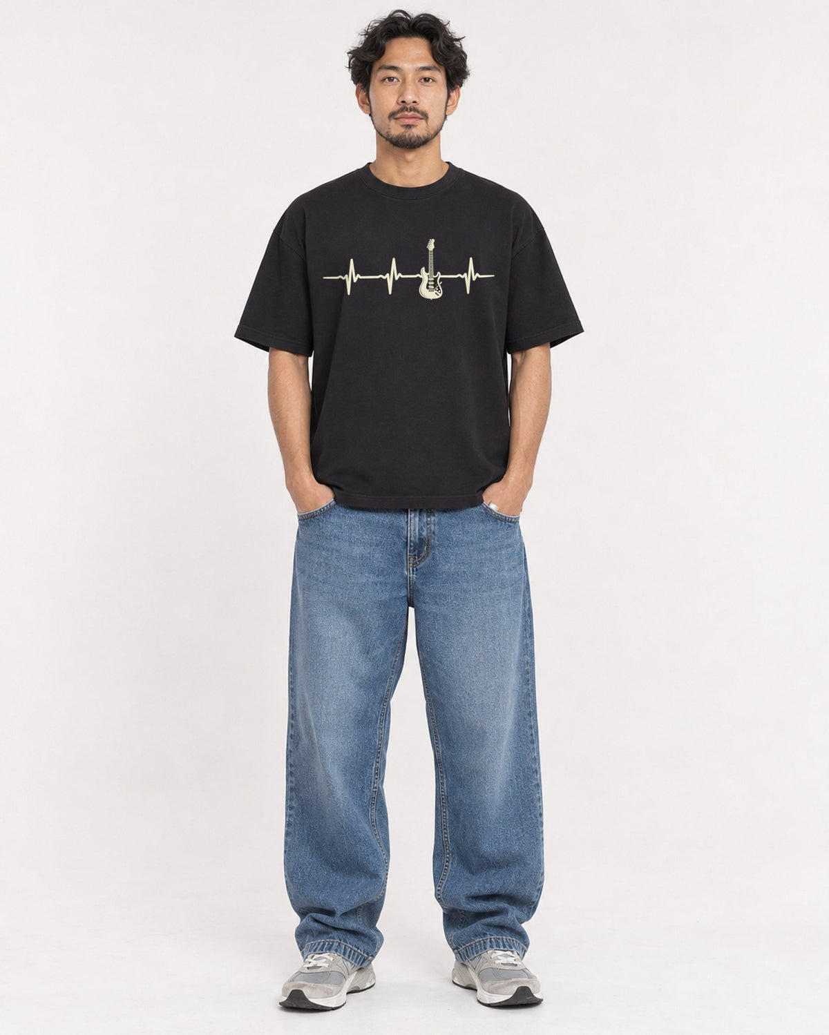 Mockup Boxy Heavyweight Tee Black male full-body 02
