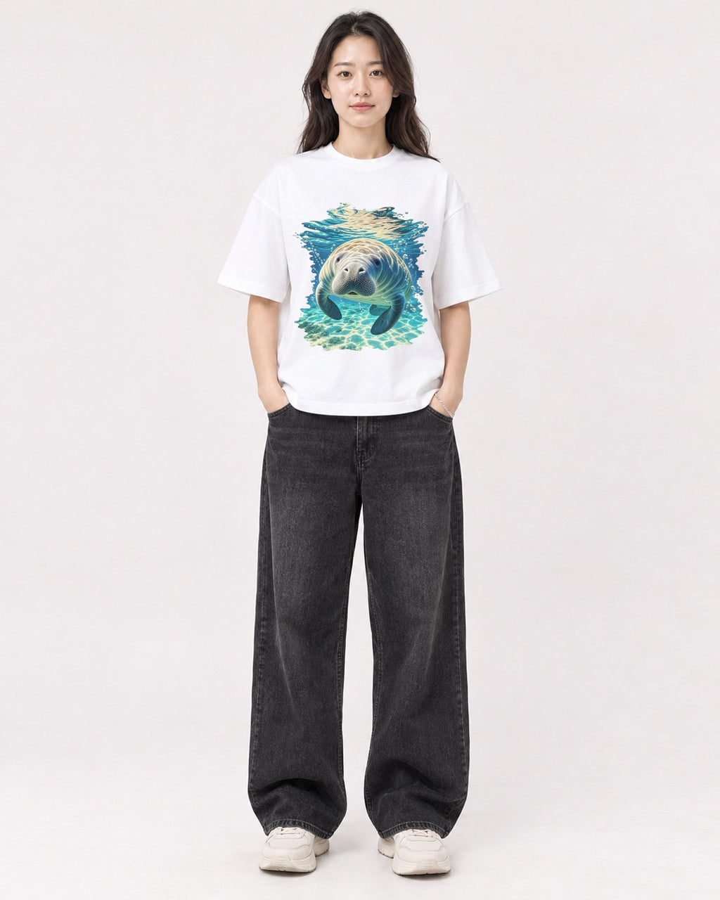 Mockup Boxy Heavyweight Tee White female full-body 03