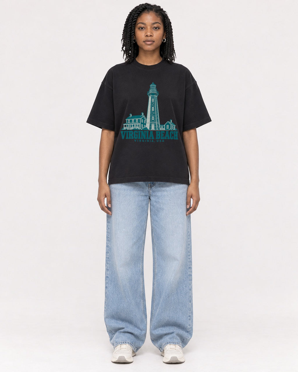 Mockup Boxy Heavyweight Tee Black female full-body 15