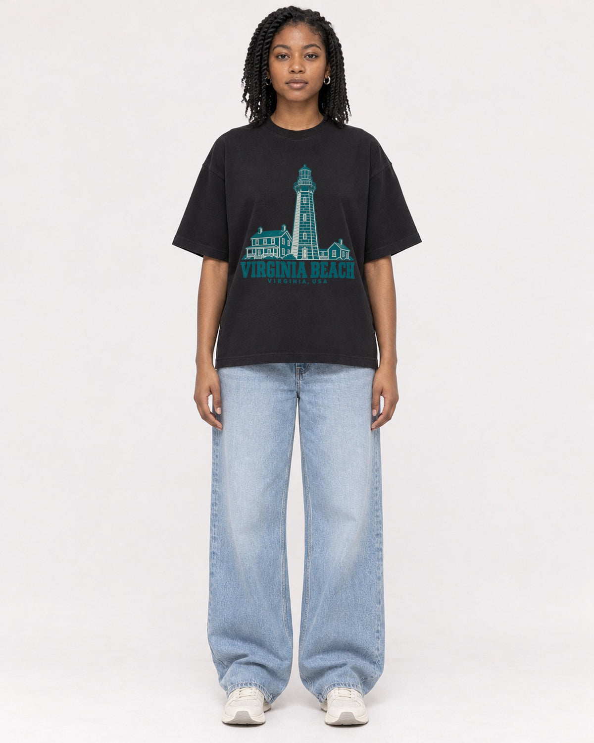Mockup Boxy Heavyweight Tee Black female full-body 15