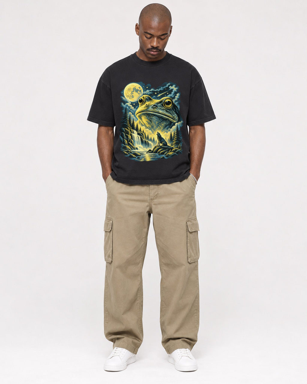 Mockup Boxy Heavyweight Tee Black male full-body 44