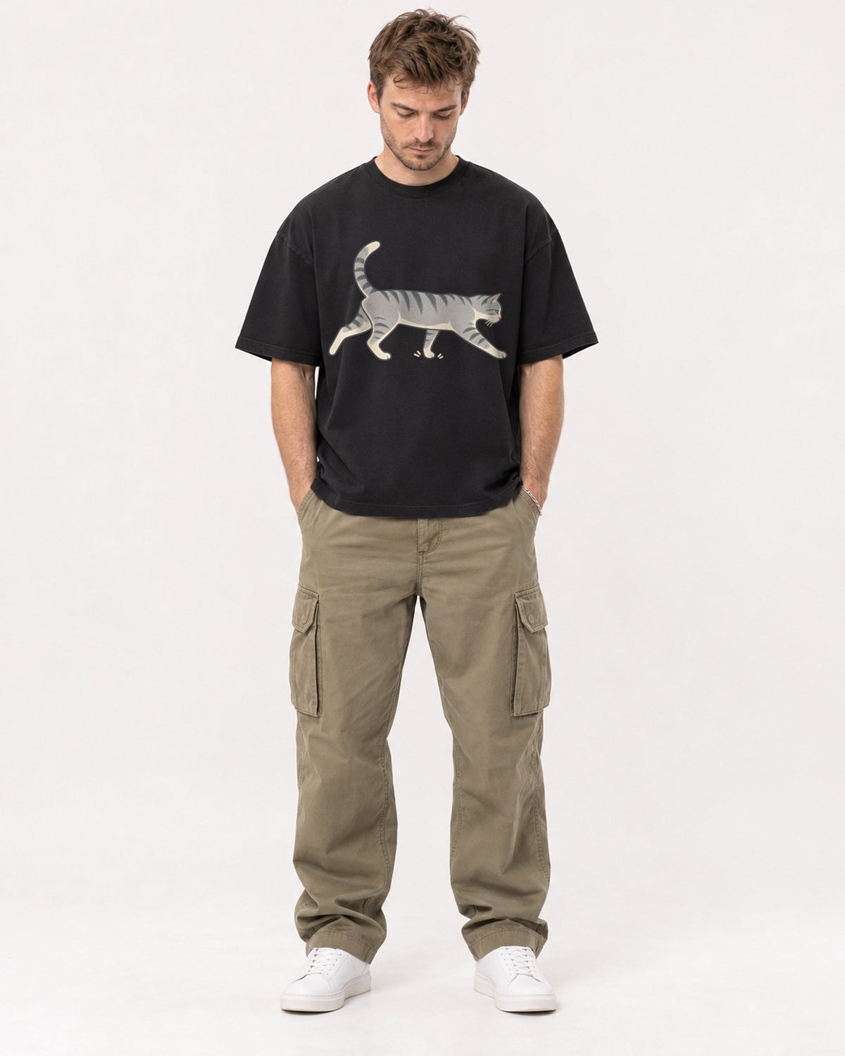 Mockup Boxy Heavyweight Tee Black male full-body 08