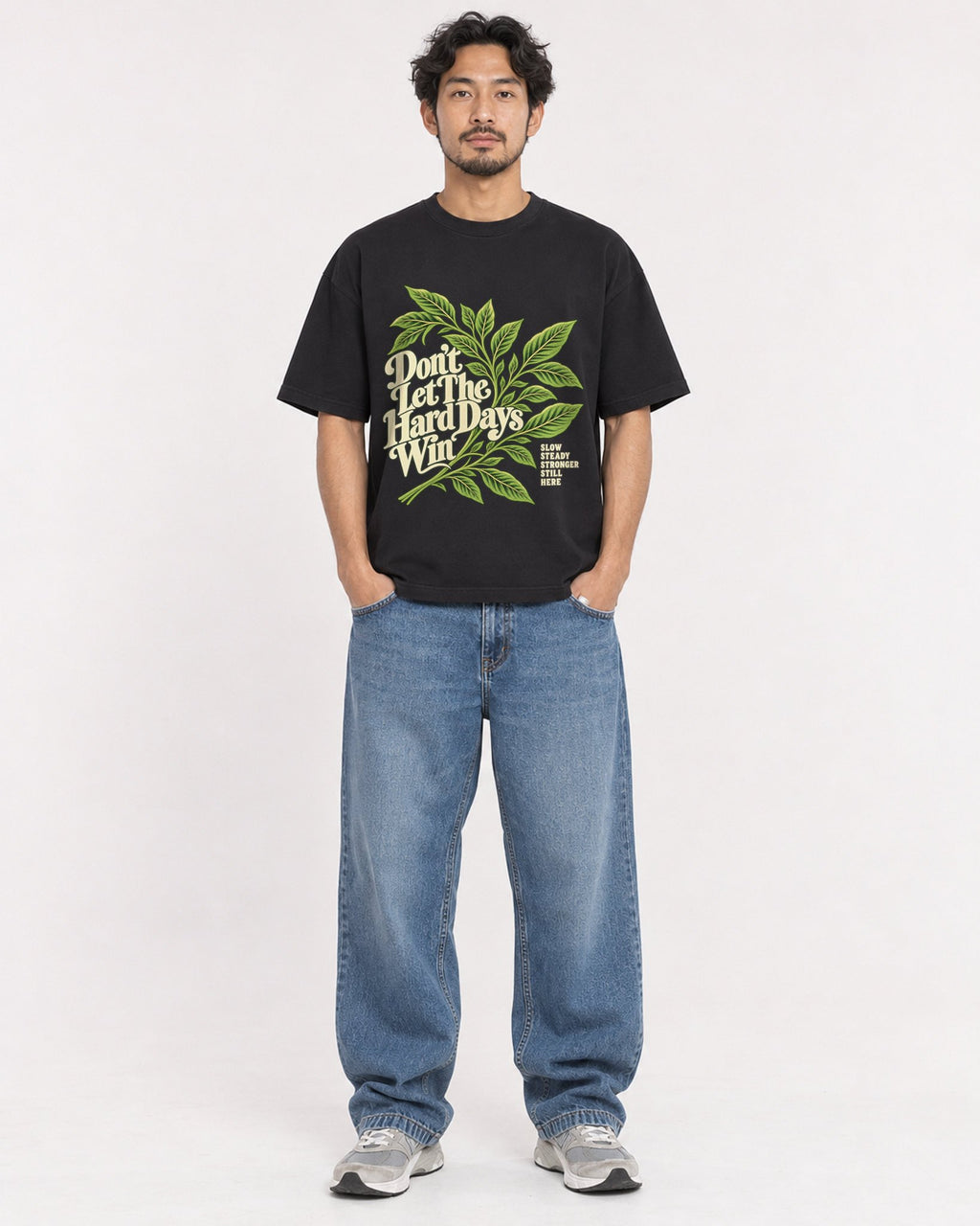 Mockup Boxy Heavyweight Tee Black male full-body 02