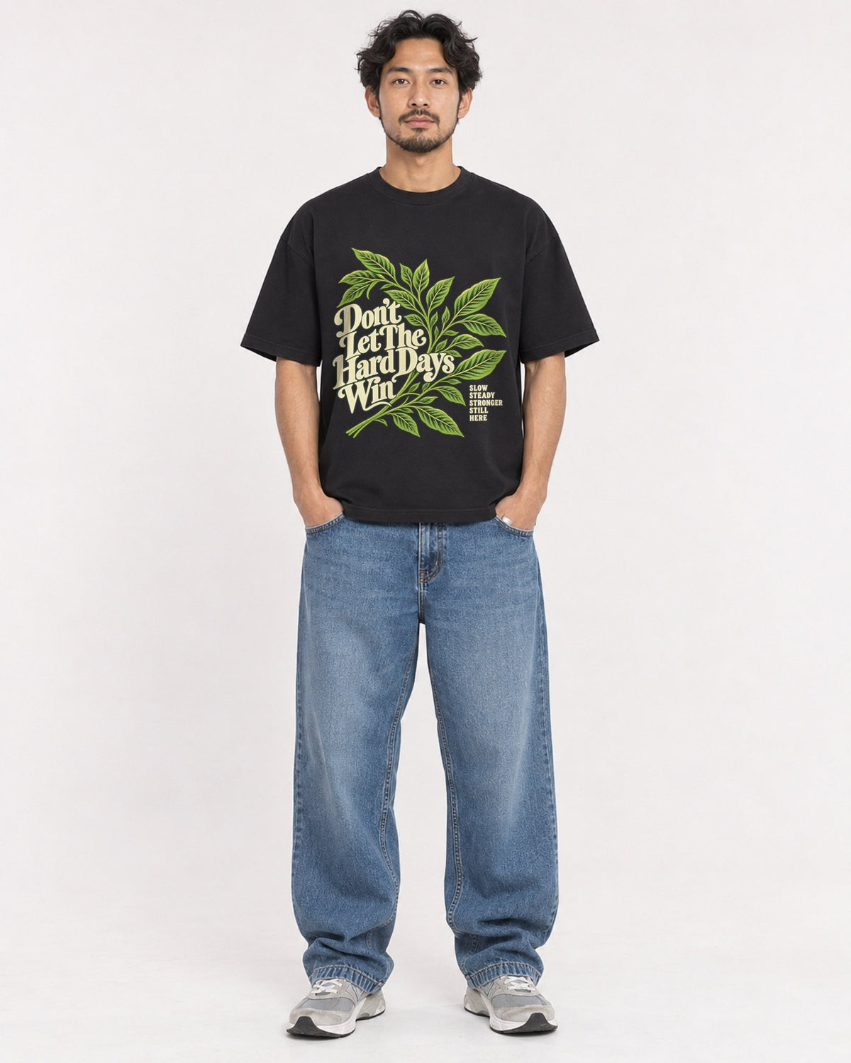 Mockup Boxy Heavyweight Tee Black male full-body 02