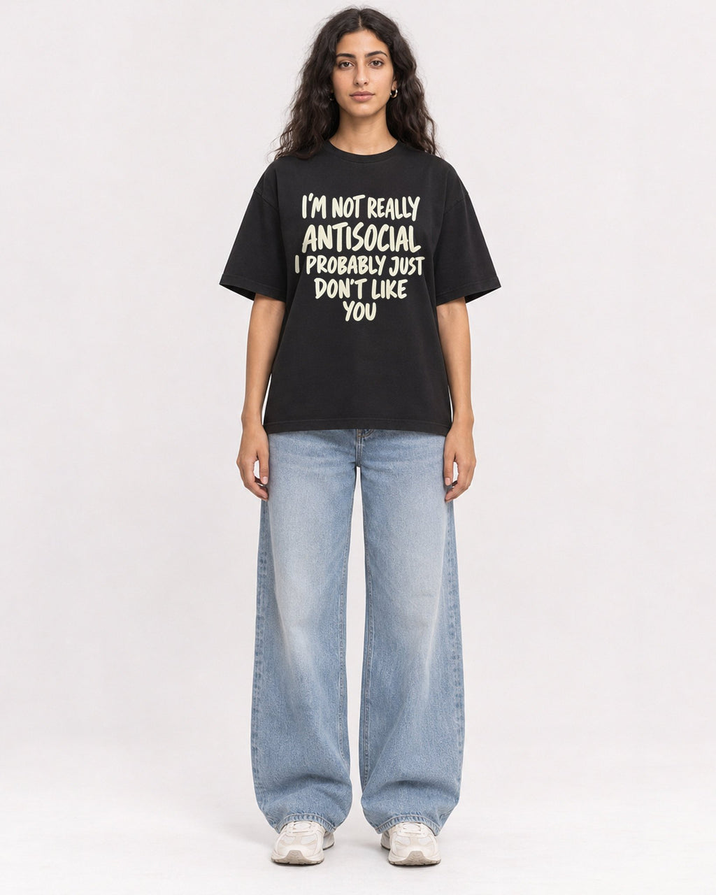 Mockup Boxy Heavyweight Tee Black female full-body 07