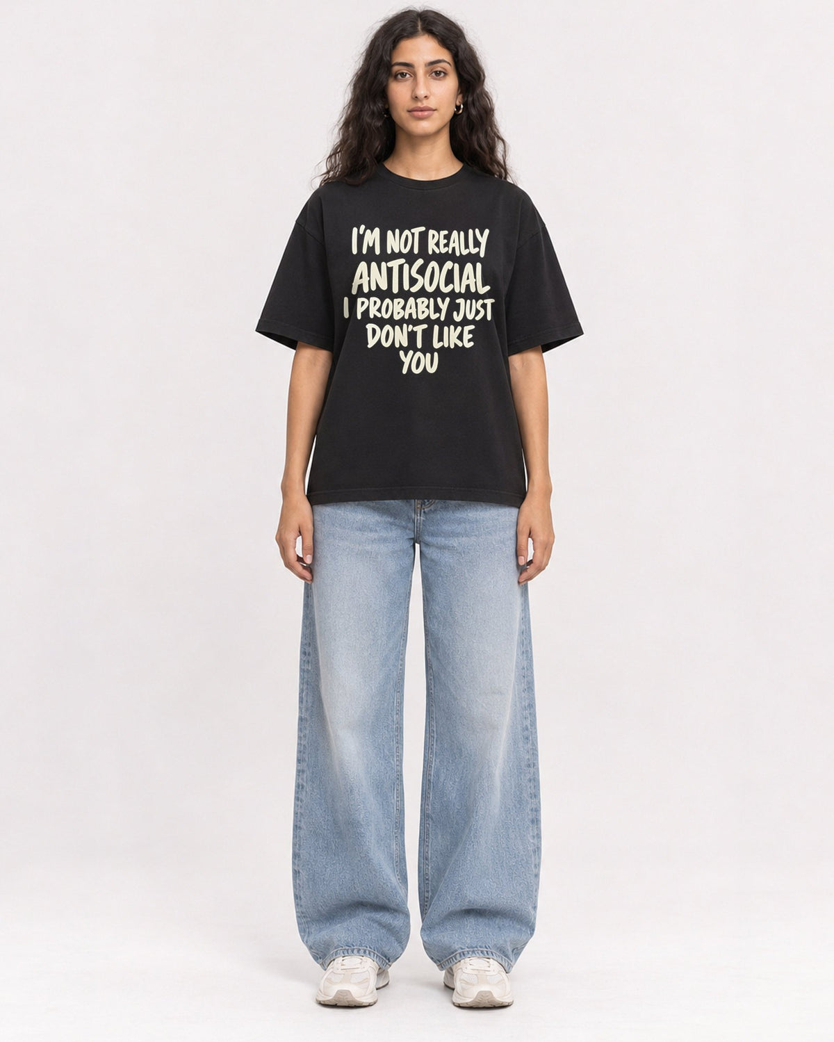 Mockup Boxy Heavyweight Tee Black female full-body 07
