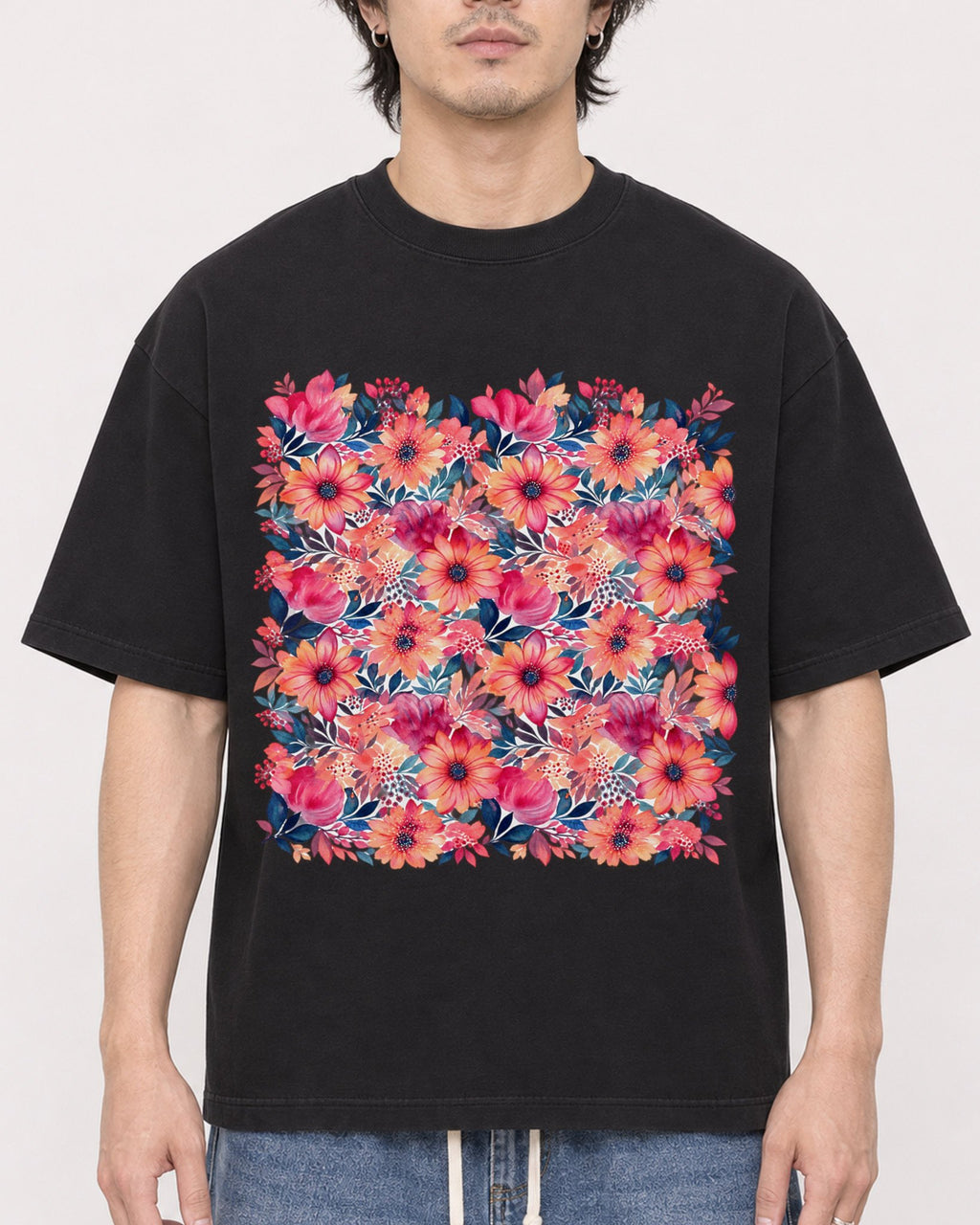 Mockup Boxy Heavyweight Tee Black male close-up 03