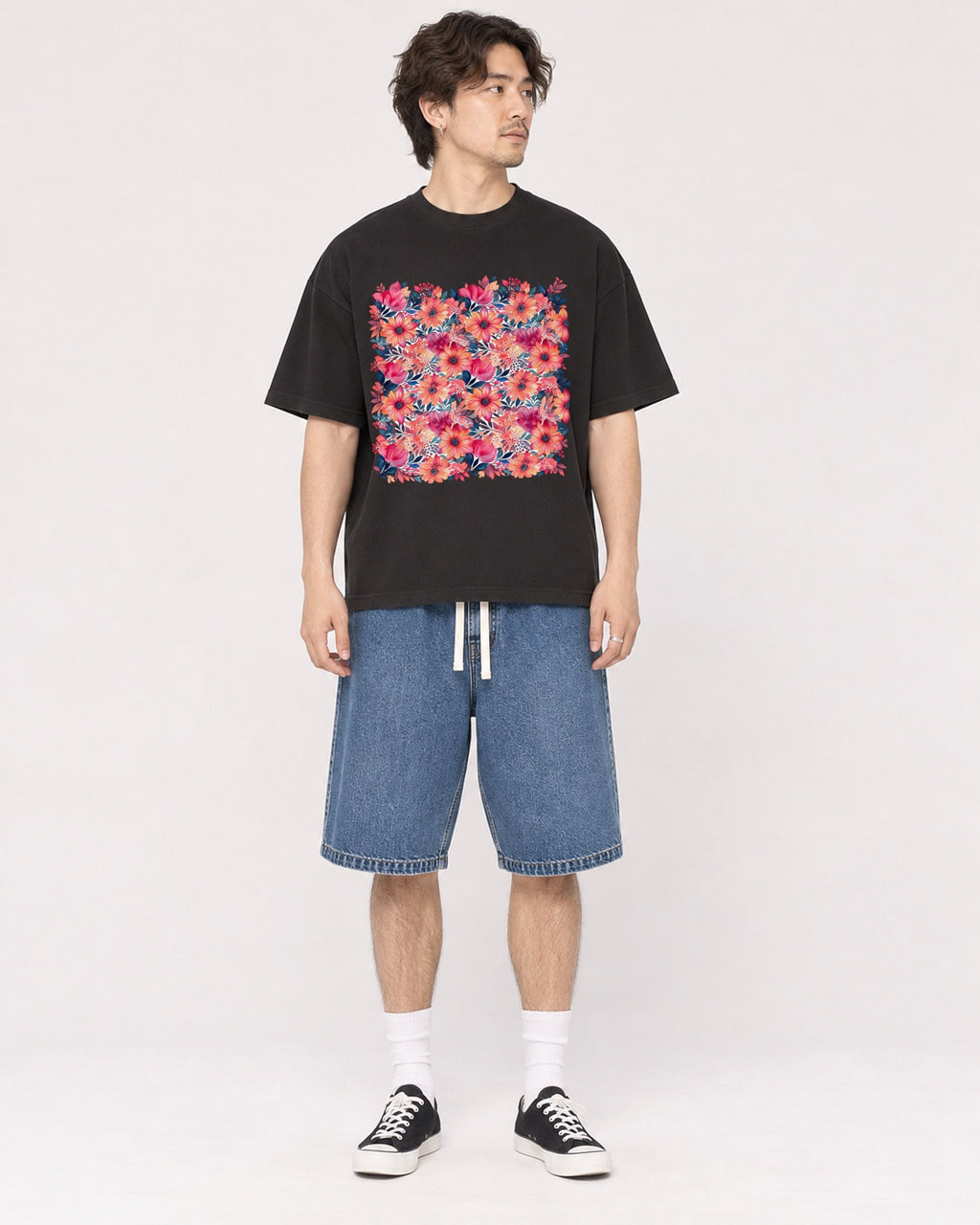 Mockup Boxy Heavyweight Tee Black male full-body 03