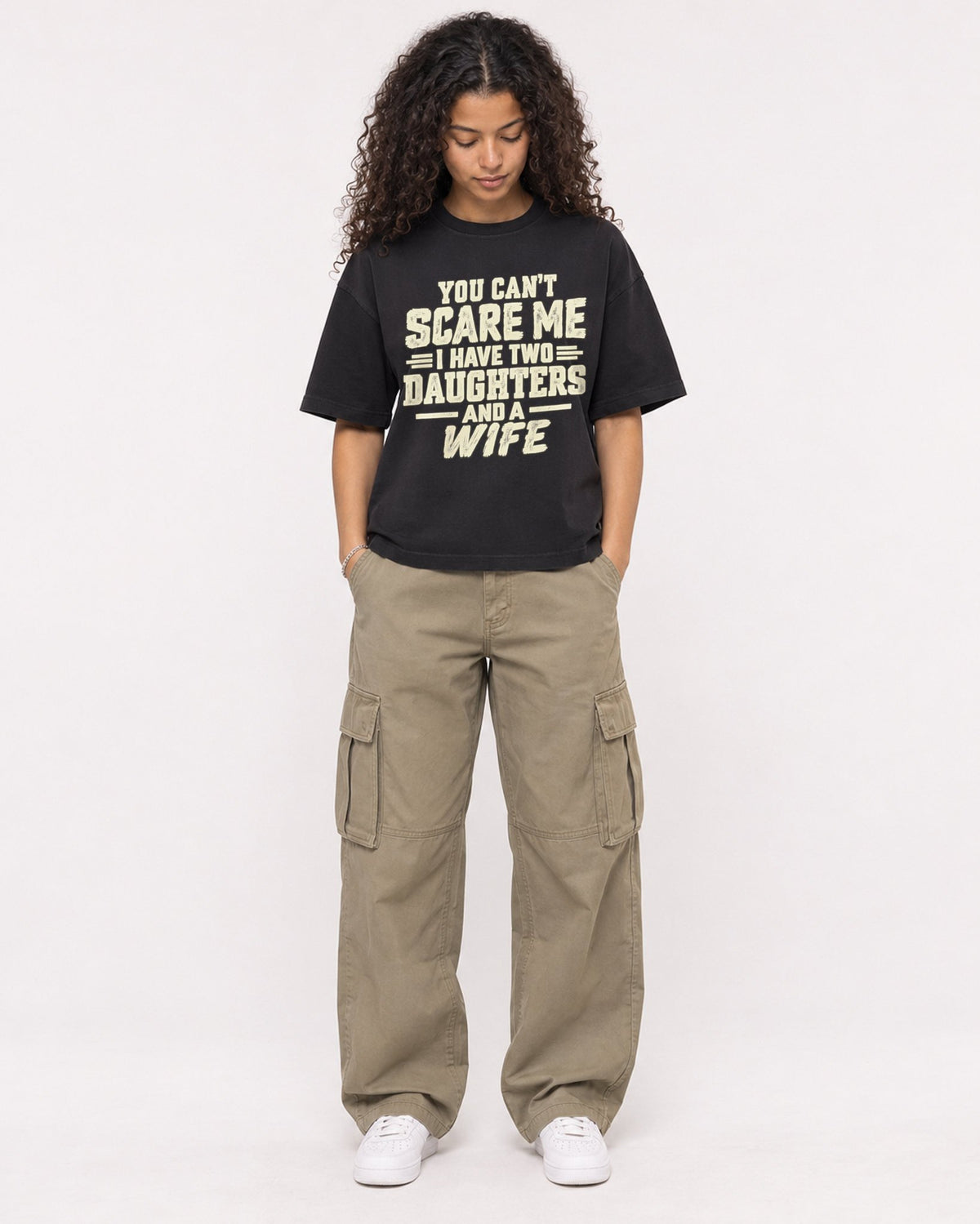Mockup Boxy Heavyweight Tee Black female full-body 10
