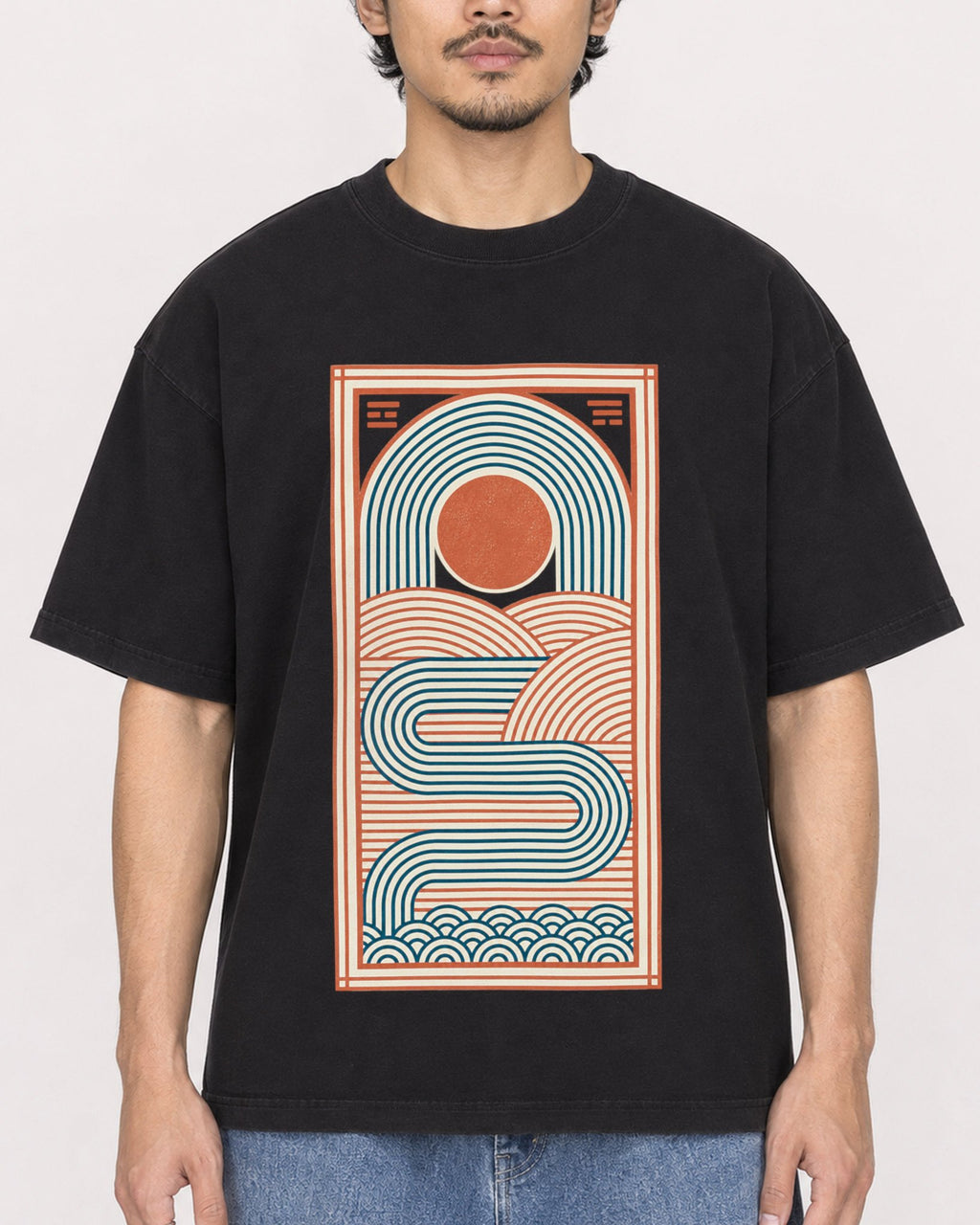 Mockup Boxy Heavyweight Tee Black male close-up 02