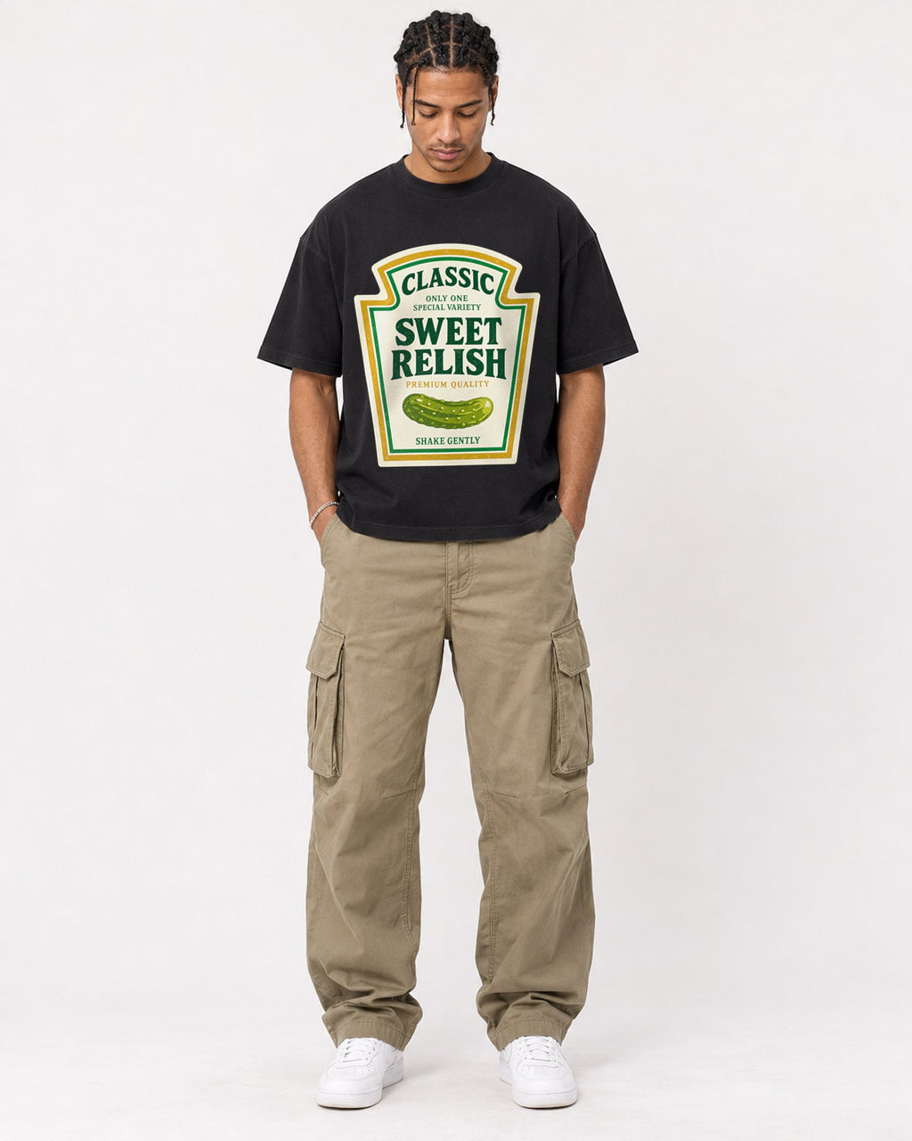 Mockup Boxy Heavyweight Tee Black male full-body 40
