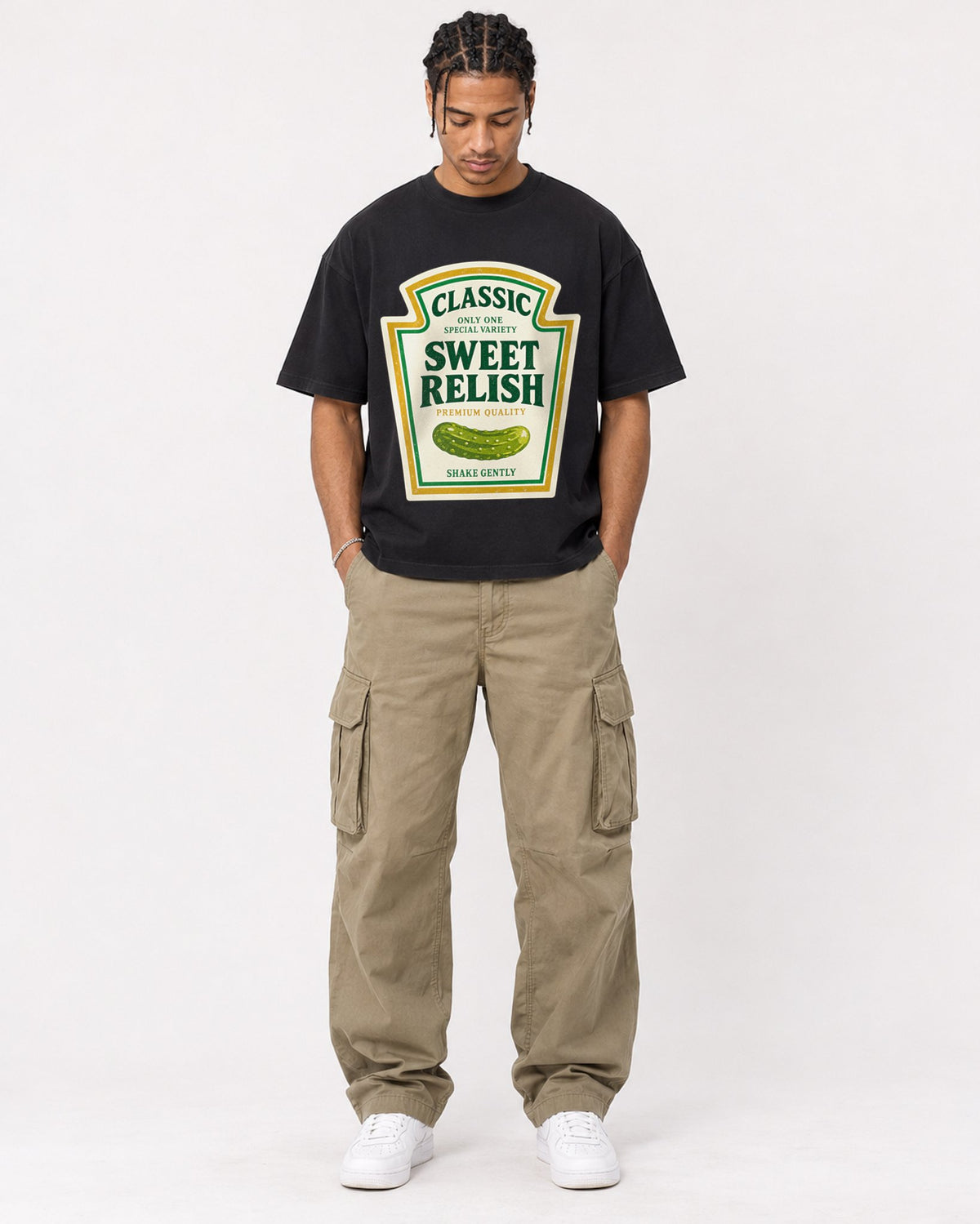 Mockup Boxy Heavyweight Tee Black male full-body 40