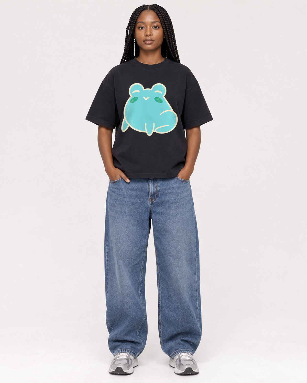 Mockup Boxy Heavyweight Tee Black female full-body 04