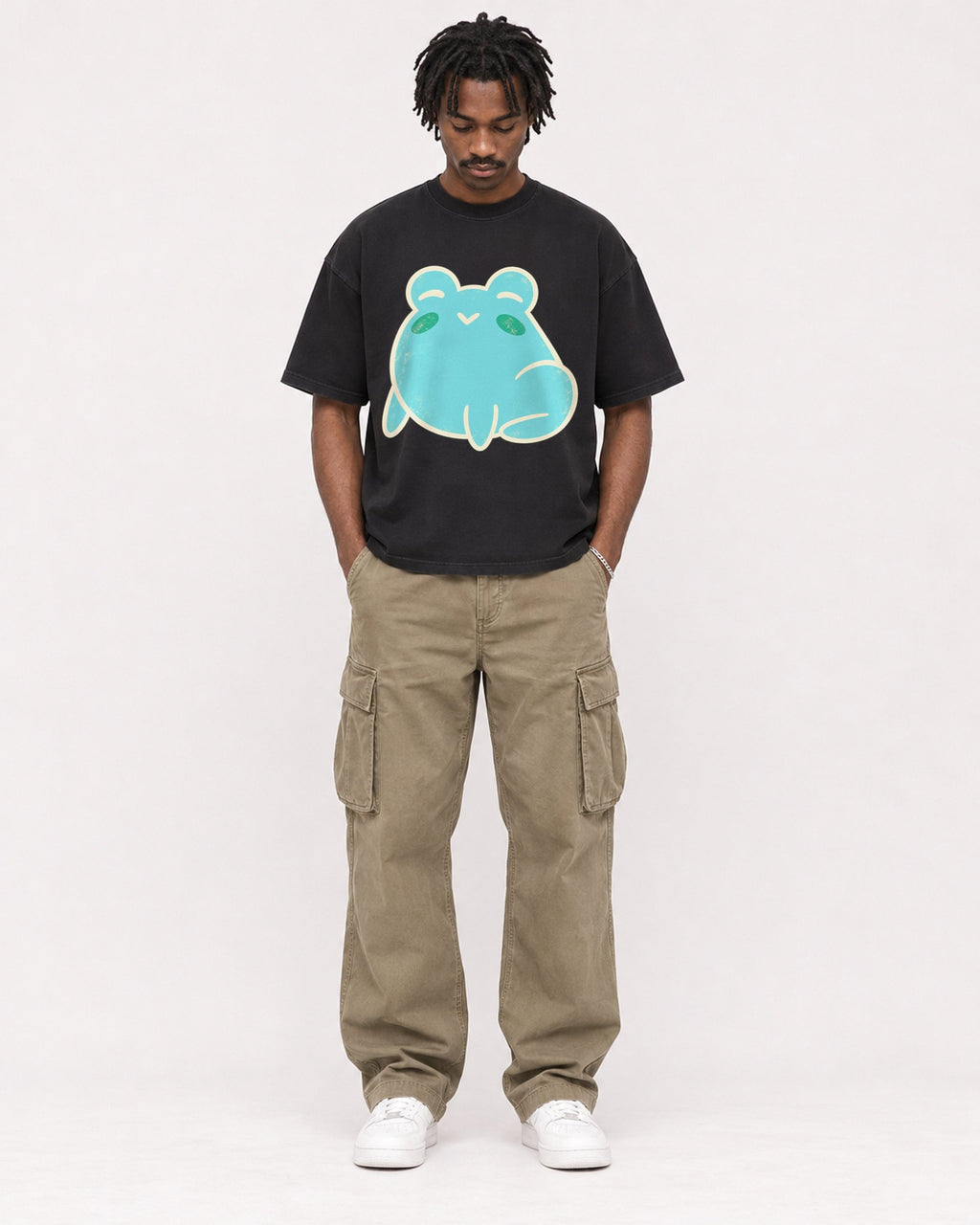Mockup Boxy Heavyweight Tee Black male full-body 04