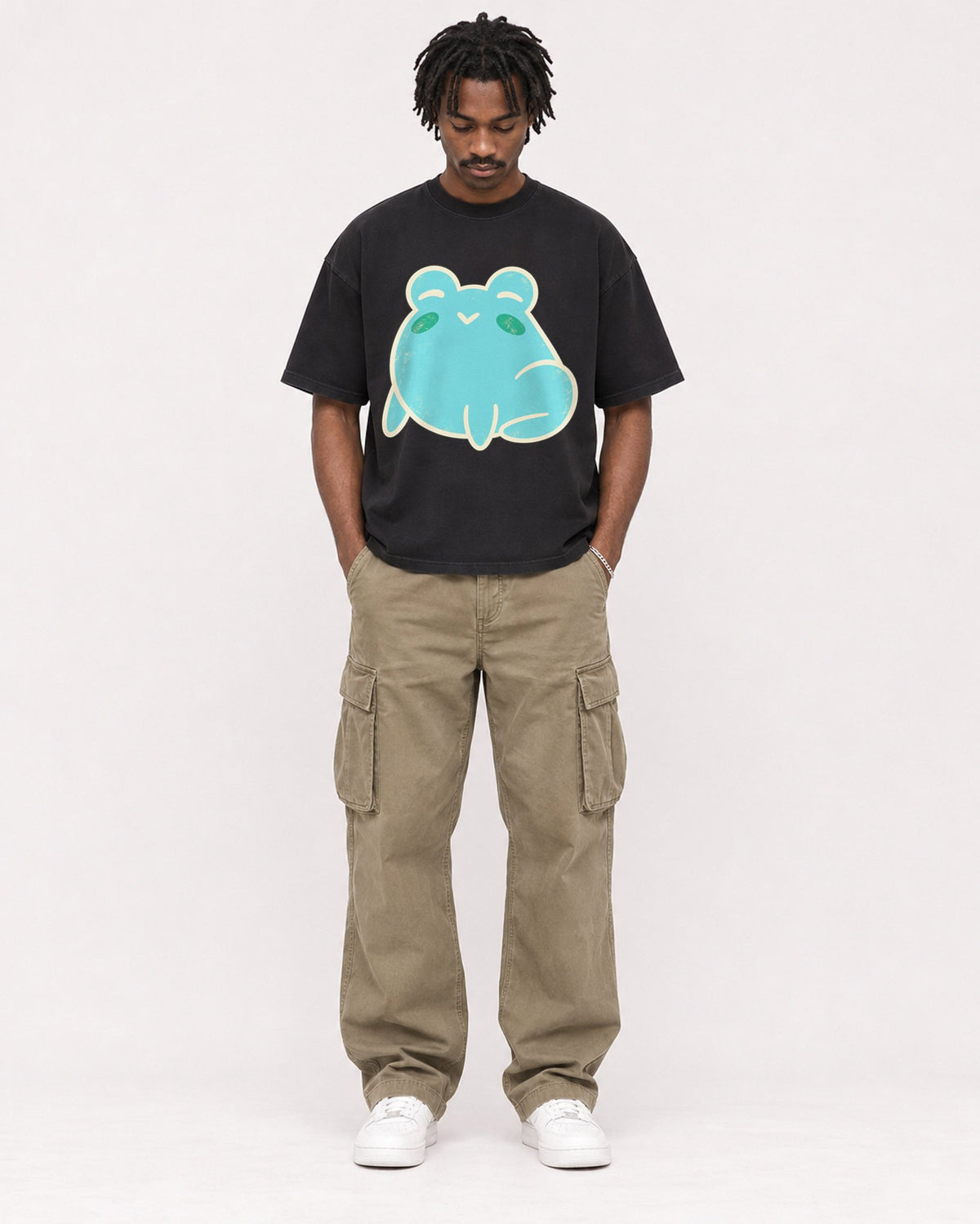 Mockup Boxy Heavyweight Tee Black male full-body 04