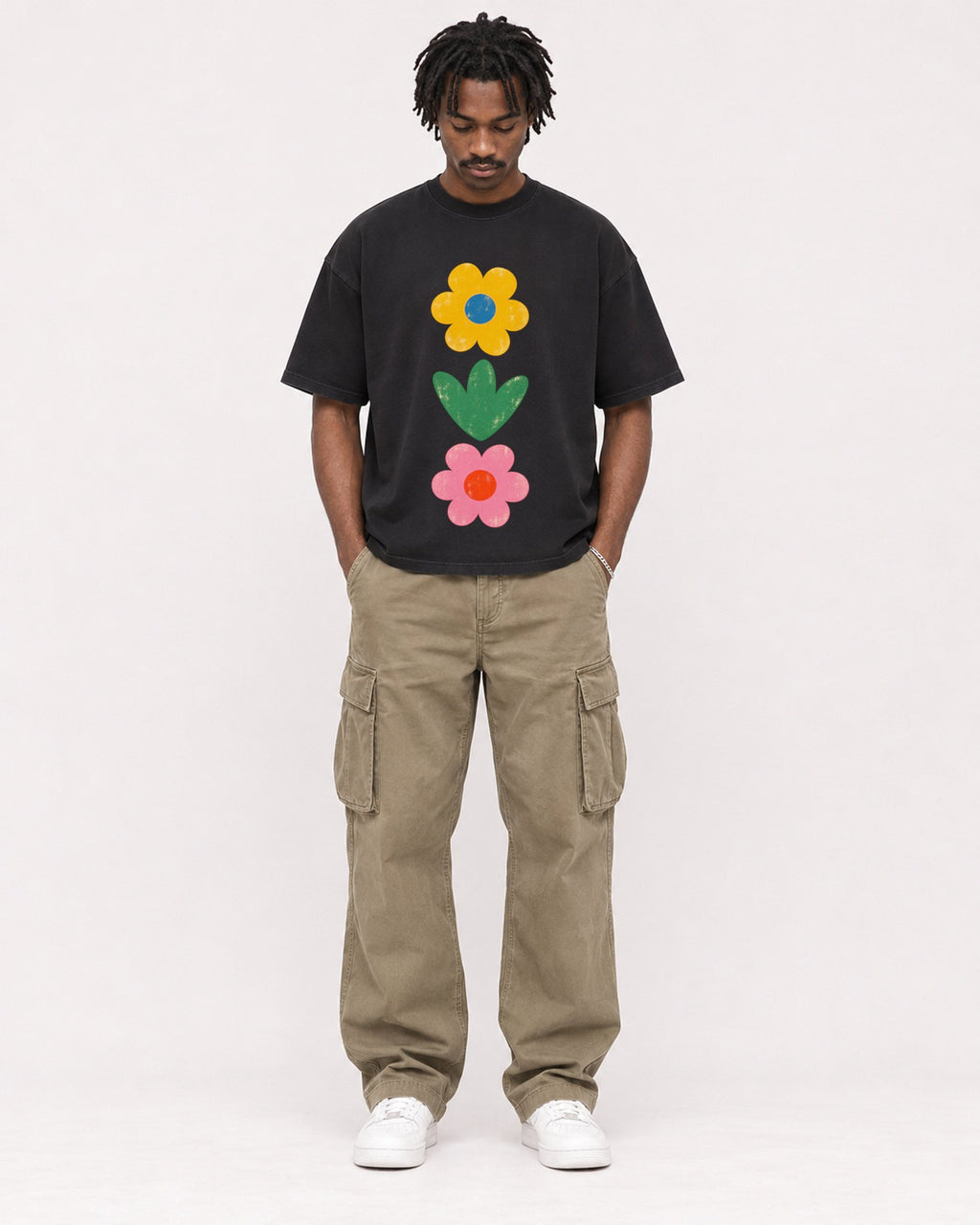 Mockup Boxy Heavyweight Tee Black male full-body 04