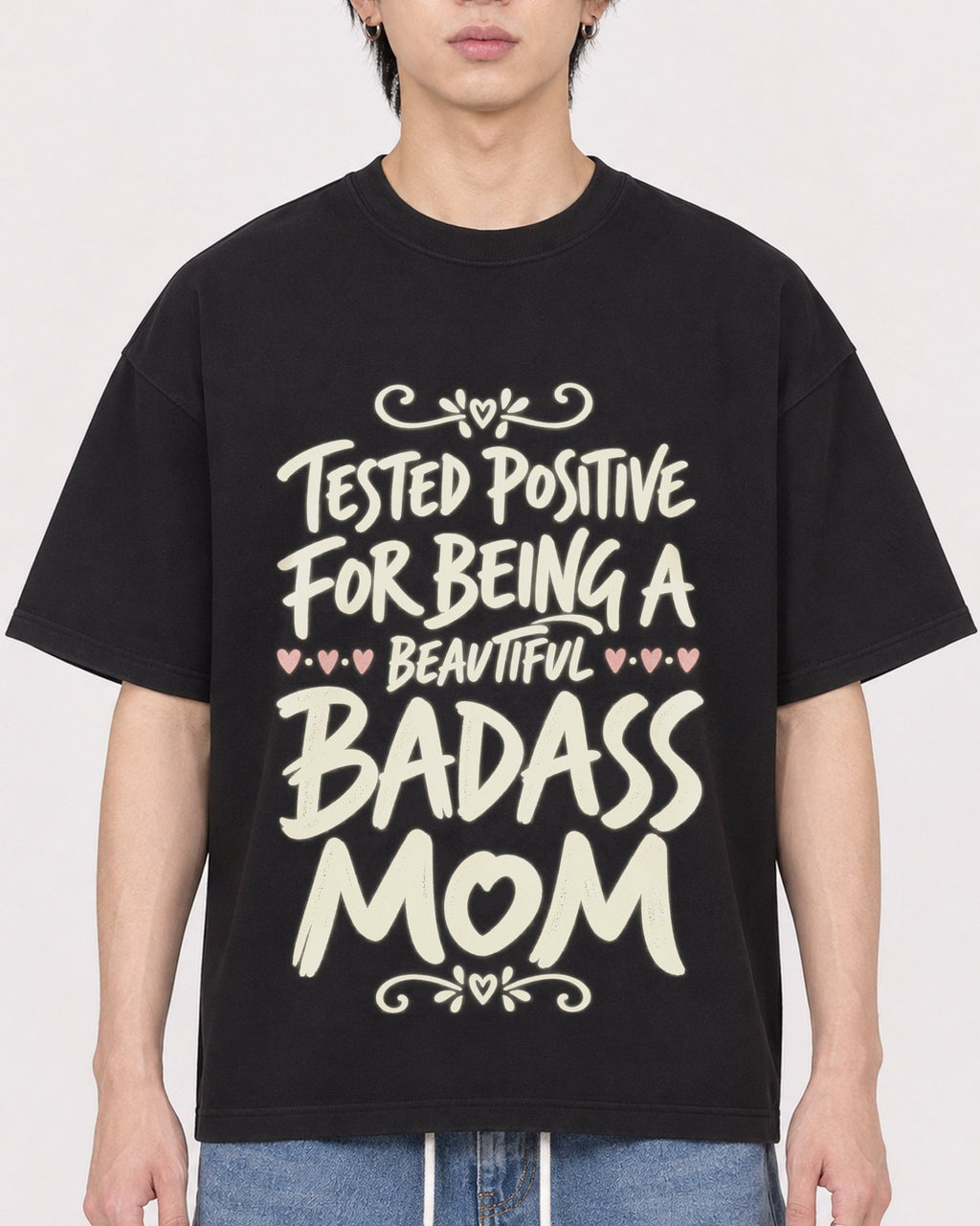 Mockup Boxy Heavyweight Tee Black male close-up 11