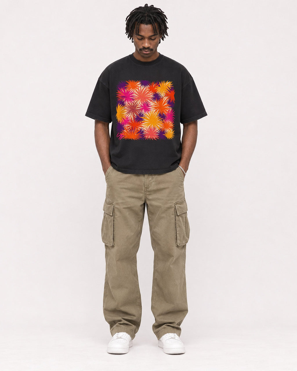 Mockup Boxy Heavyweight Tee Black male full-body 04