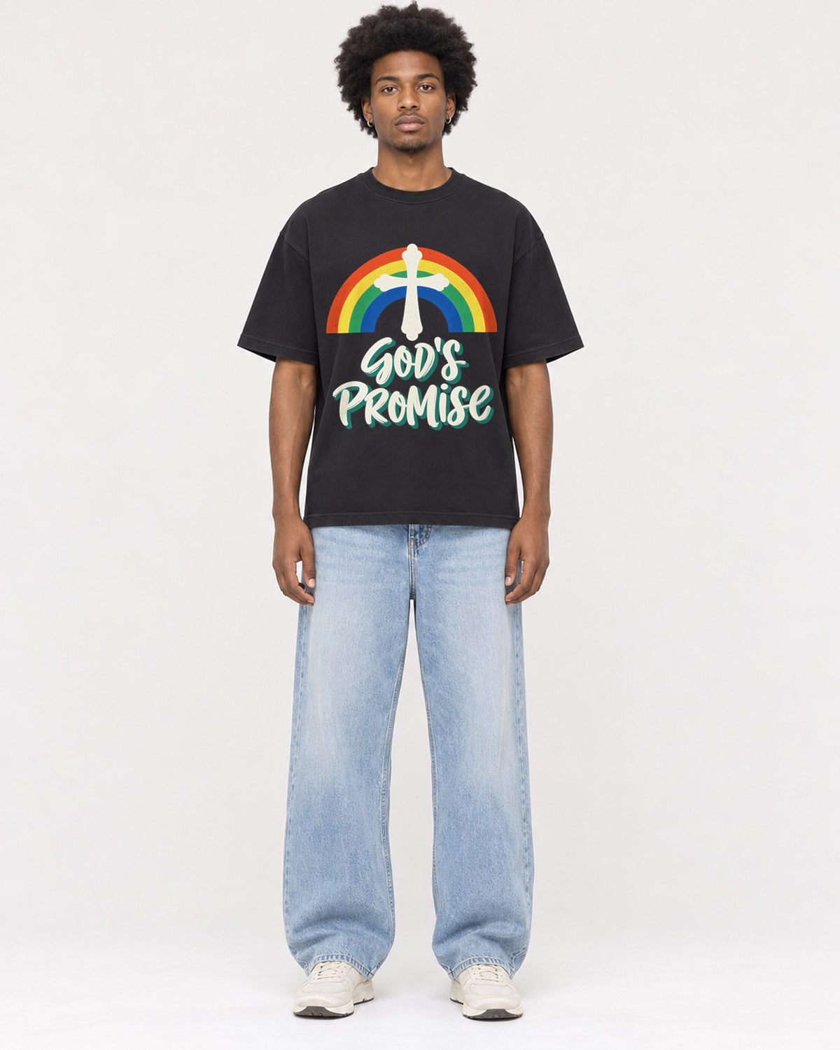 Mockup Boxy Heavyweight Tee Black male full-body 45