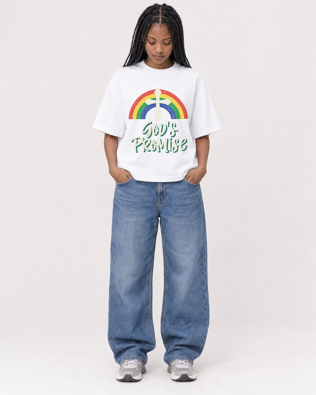 Mockup Boxy Heavyweight Tee White female full-body 45