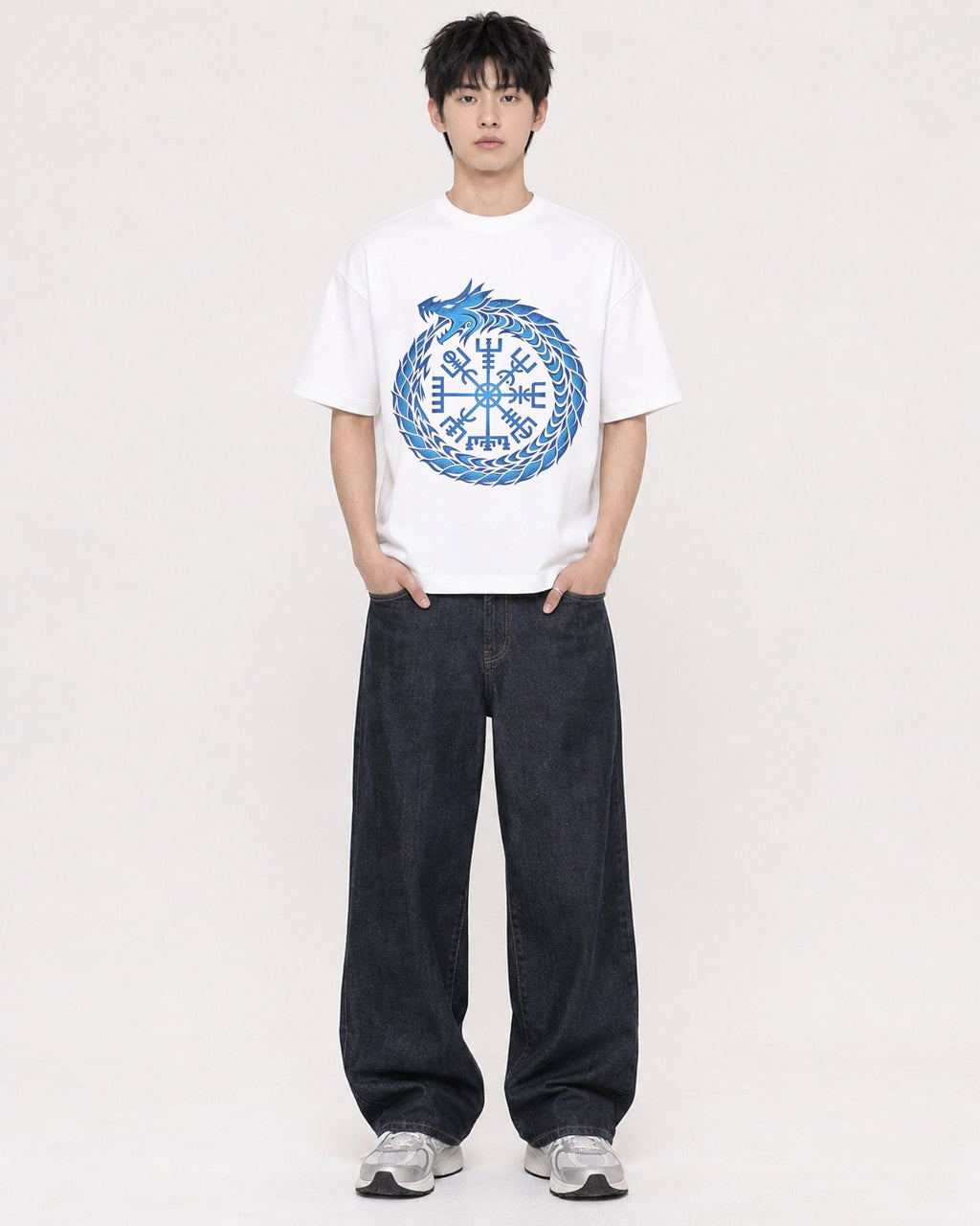 Mockup Boxy Heavyweight Tee White male full-body 01