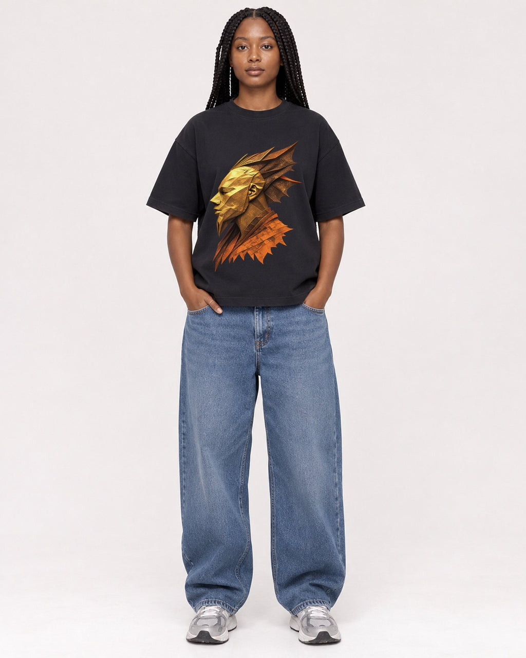 Mockup Boxy Heavyweight Tee Black female full-body 04