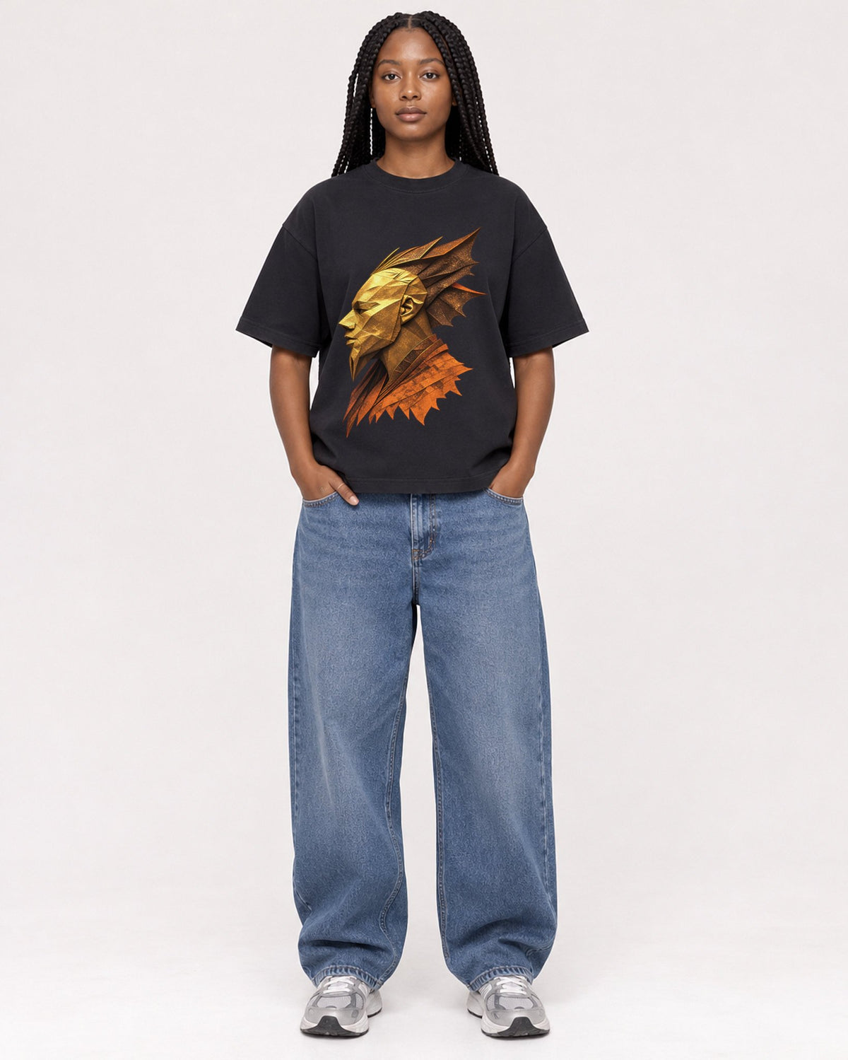 Mockup Boxy Heavyweight Tee Black female full-body 04