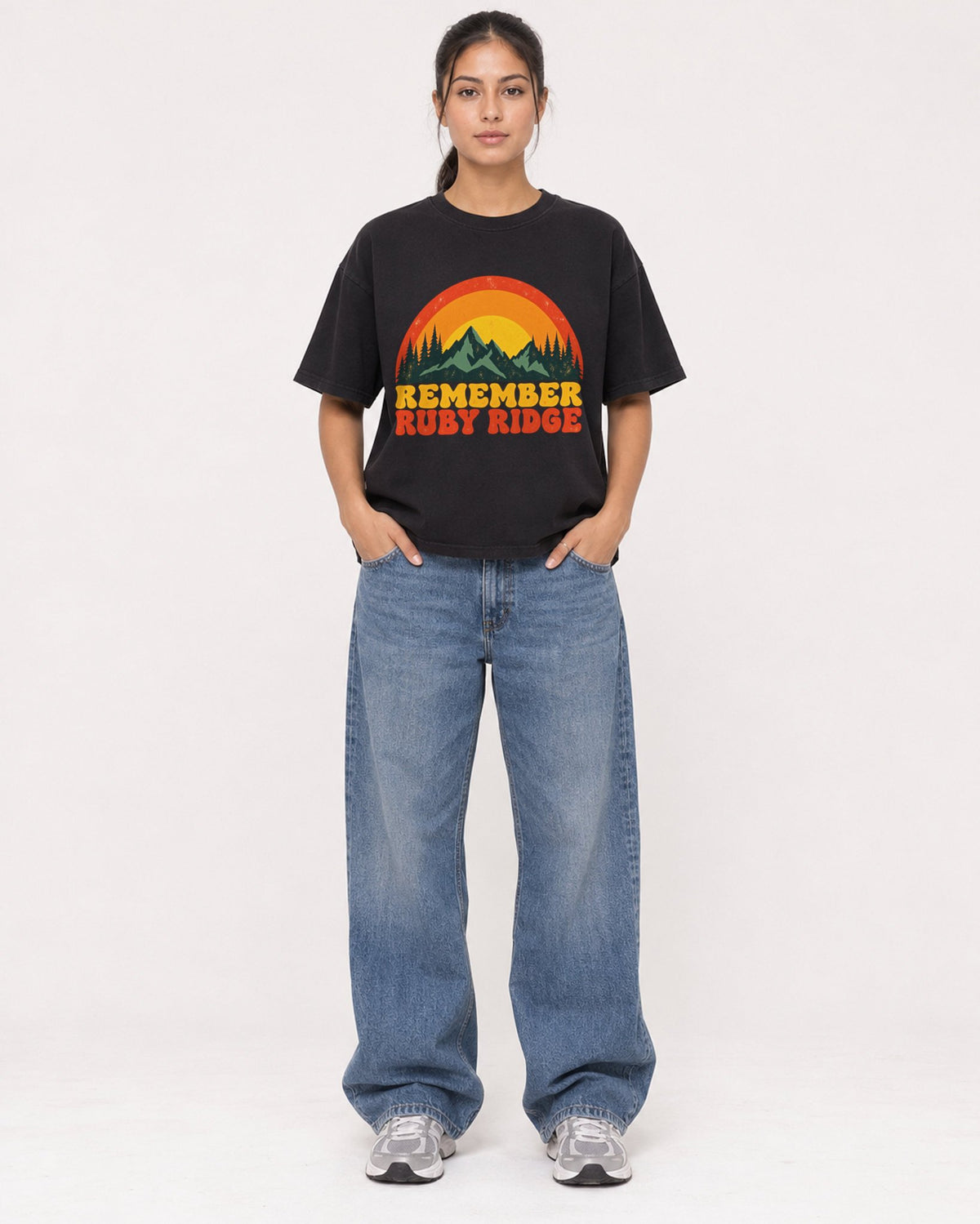 Mockup Boxy Heavyweight Tee Black female full-body 16