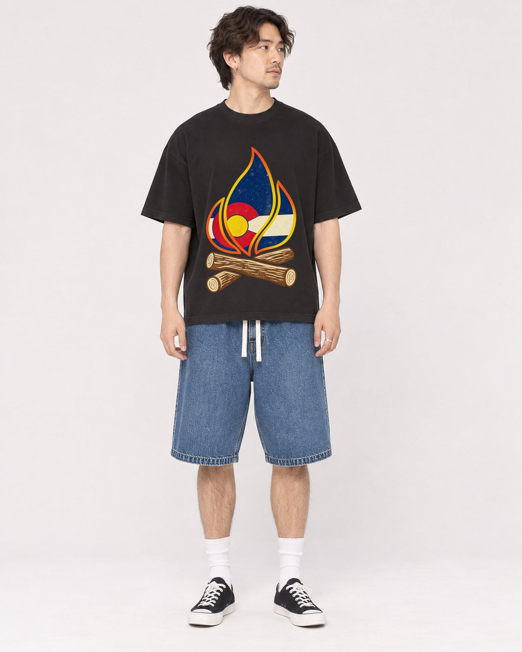 Mockup Boxy Heavyweight Tee Black male full-body 03