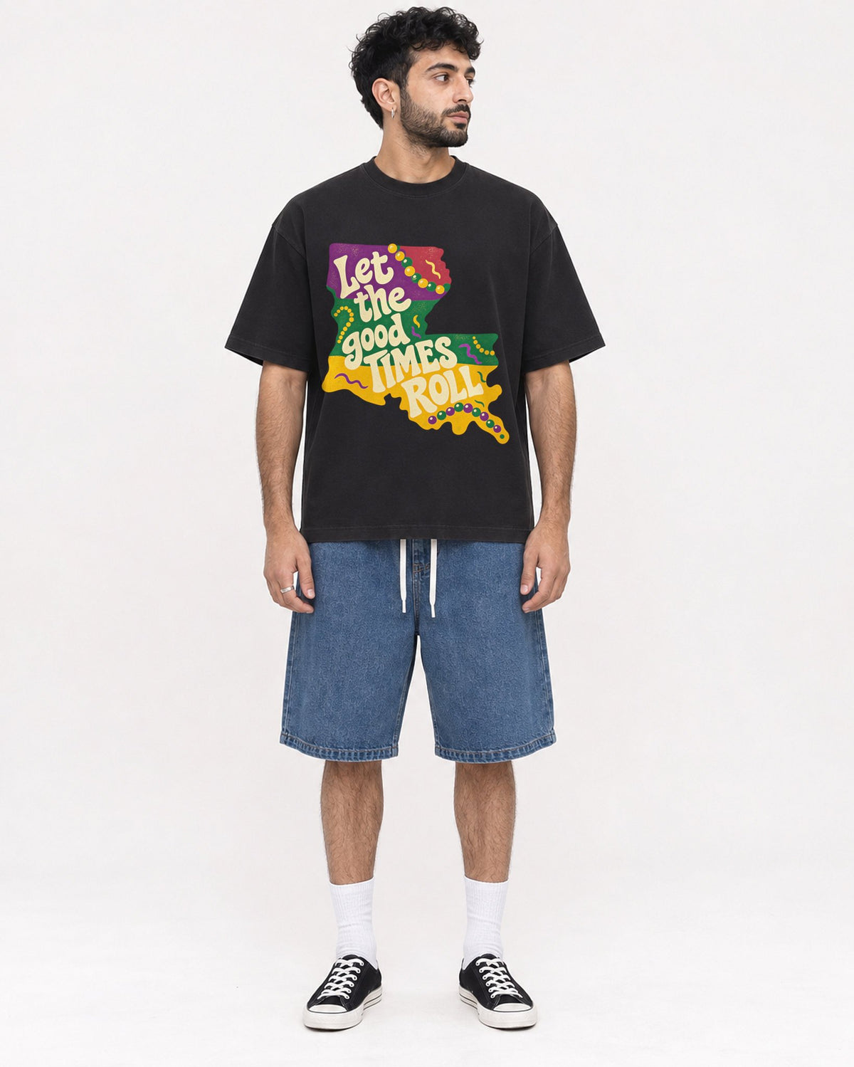 Mockup Boxy Heavyweight Tee Black male full-body 07