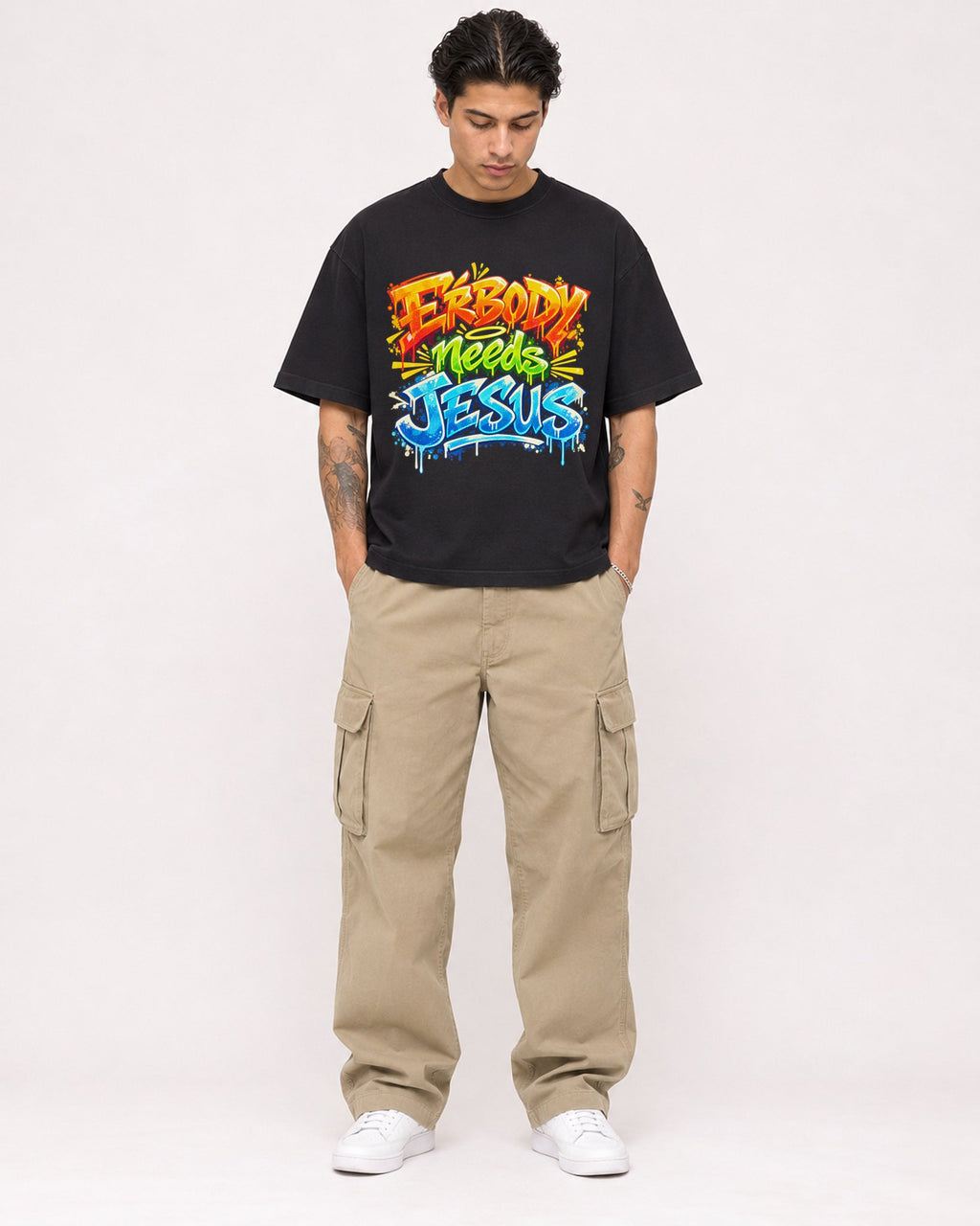 Mockup Boxy Heavyweight Tee Black male full-body 36