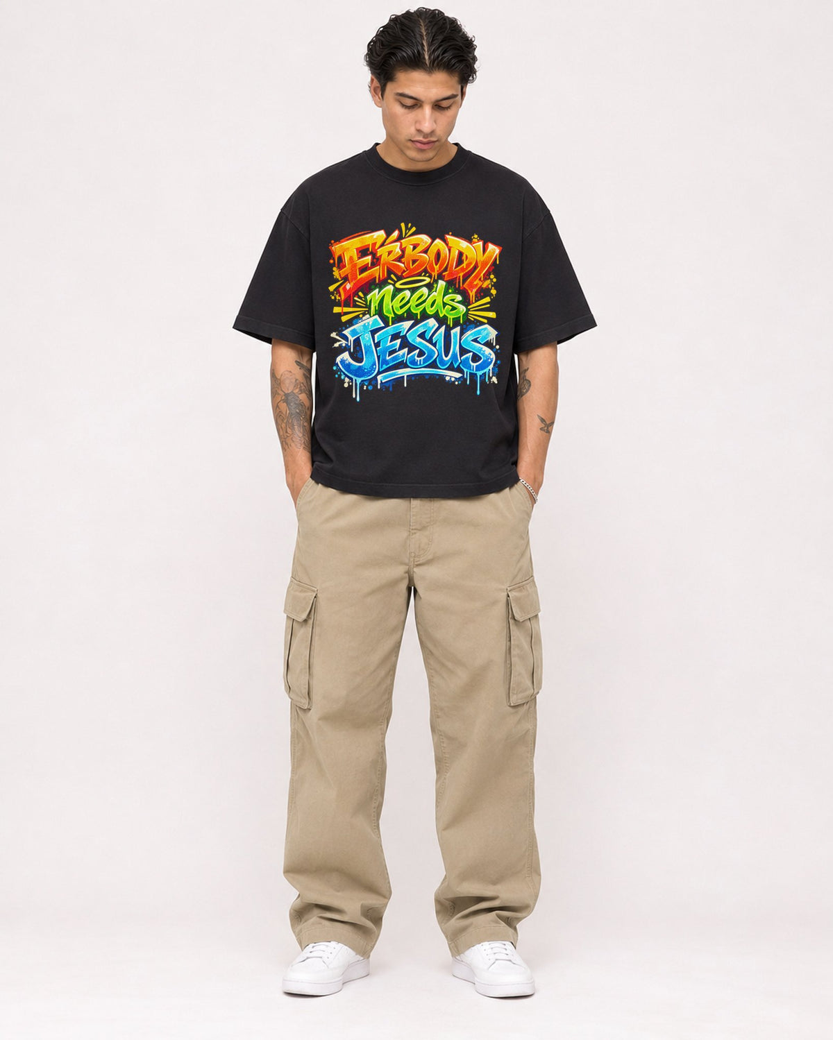 Mockup Boxy Heavyweight Tee Black male full-body 36