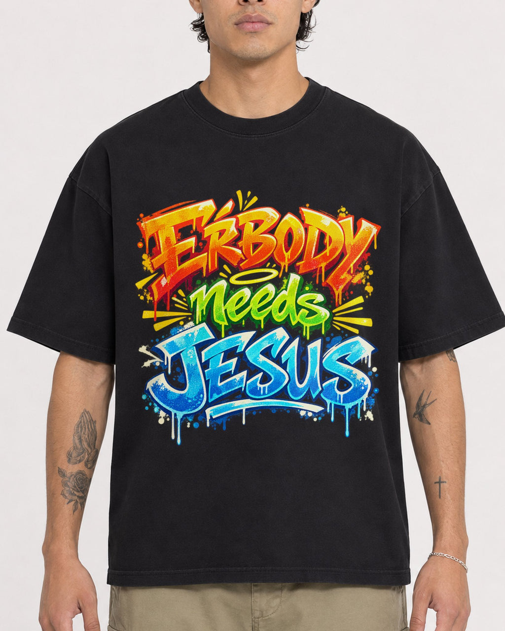 Mockup Boxy Heavyweight Tee Black male close-up 36
