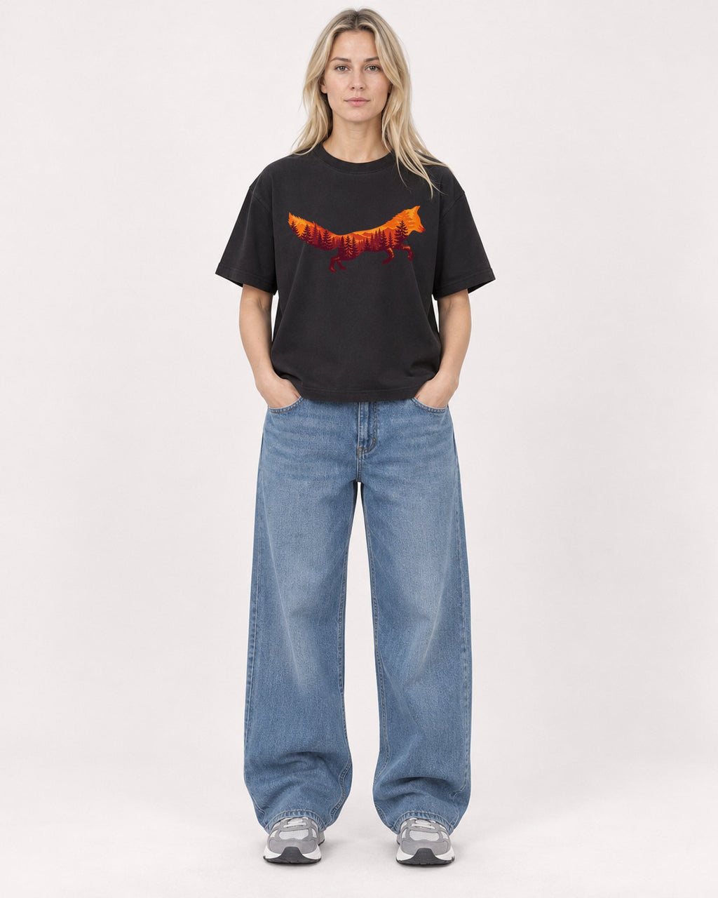 Mockup Boxy Heavyweight Tee Black female full-body 08