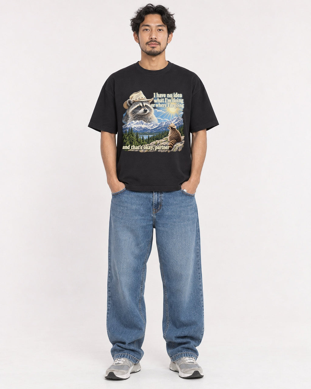 Mockup Boxy Heavyweight Tee Black male full-body 02