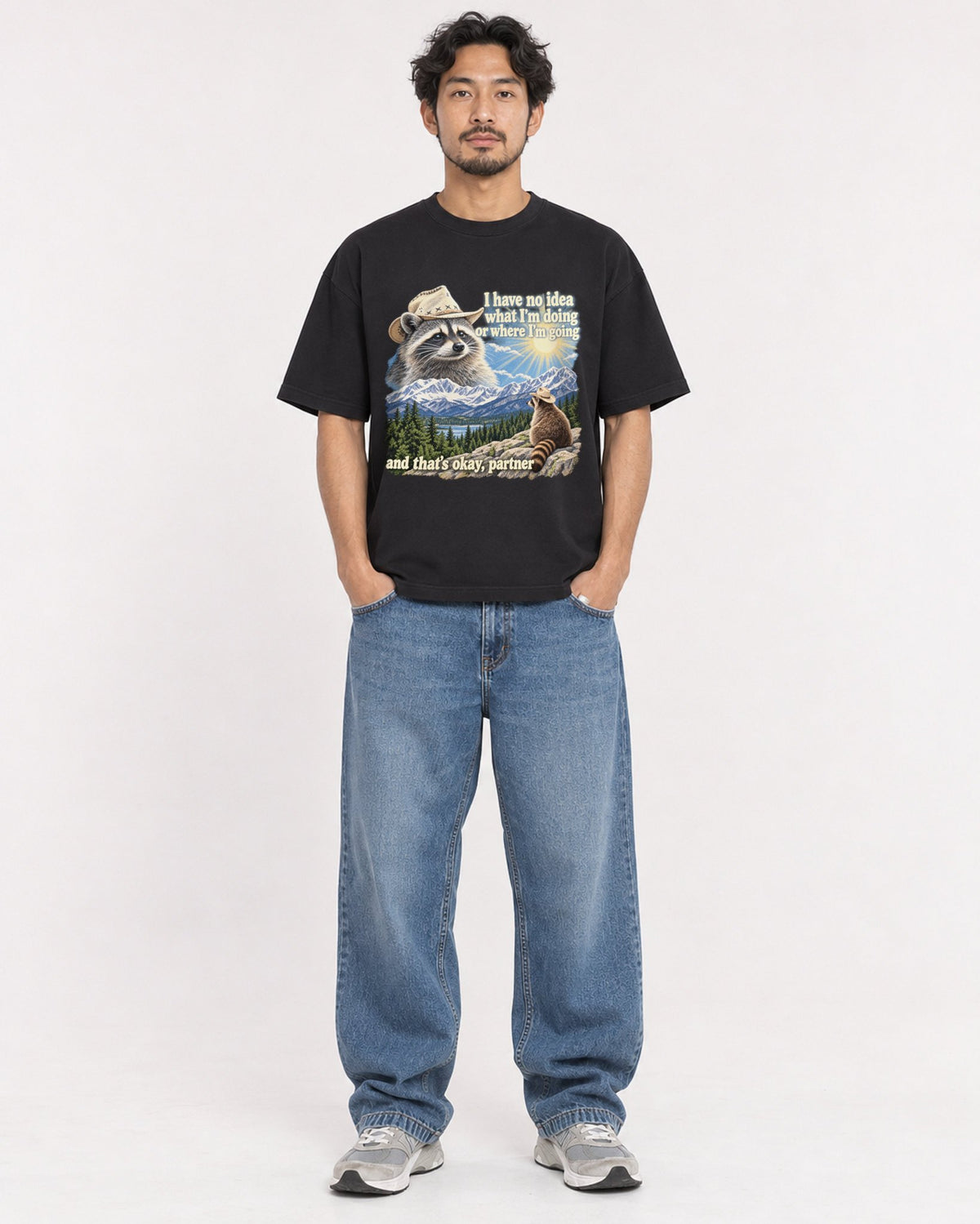 Mockup Boxy Heavyweight Tee Black male full-body 02