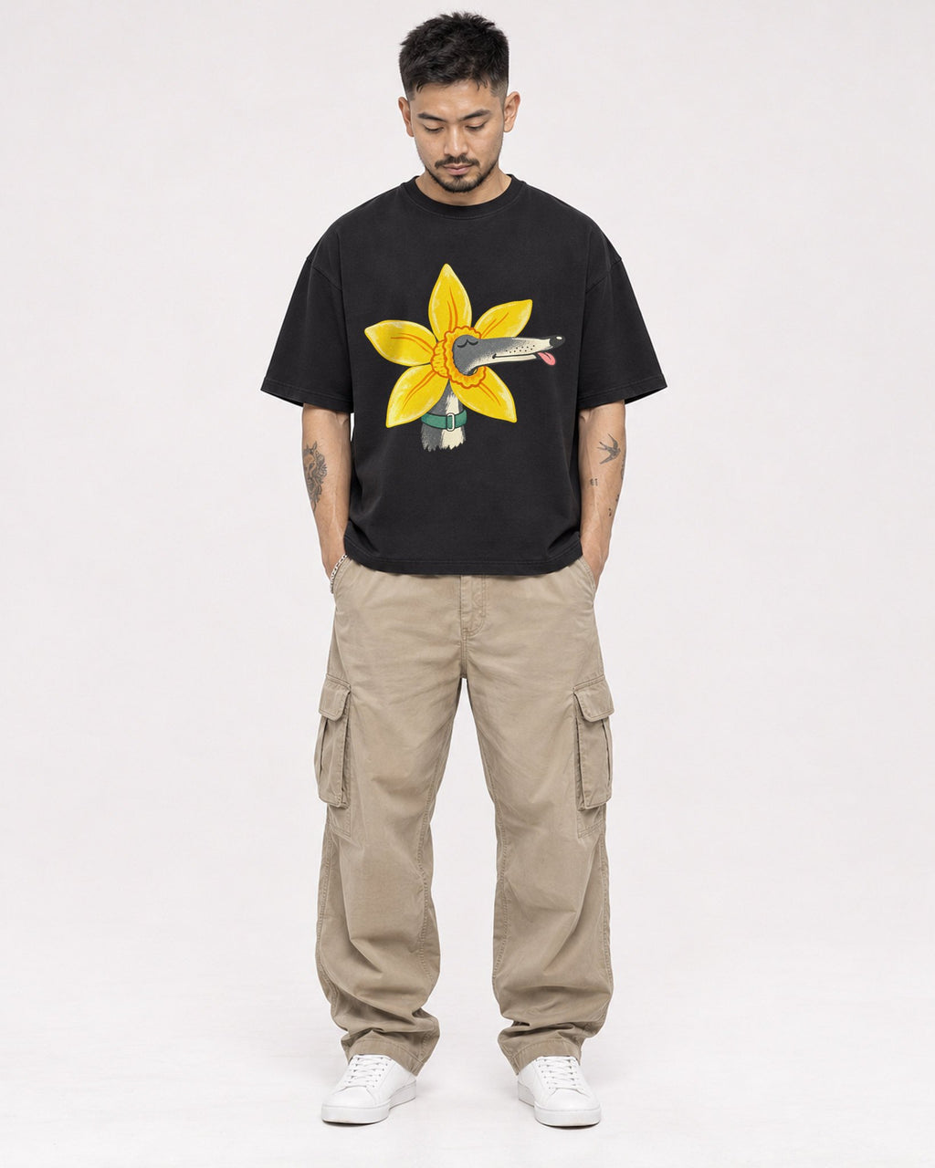 Mockup Boxy Heavyweight Tee Black male full-body 12