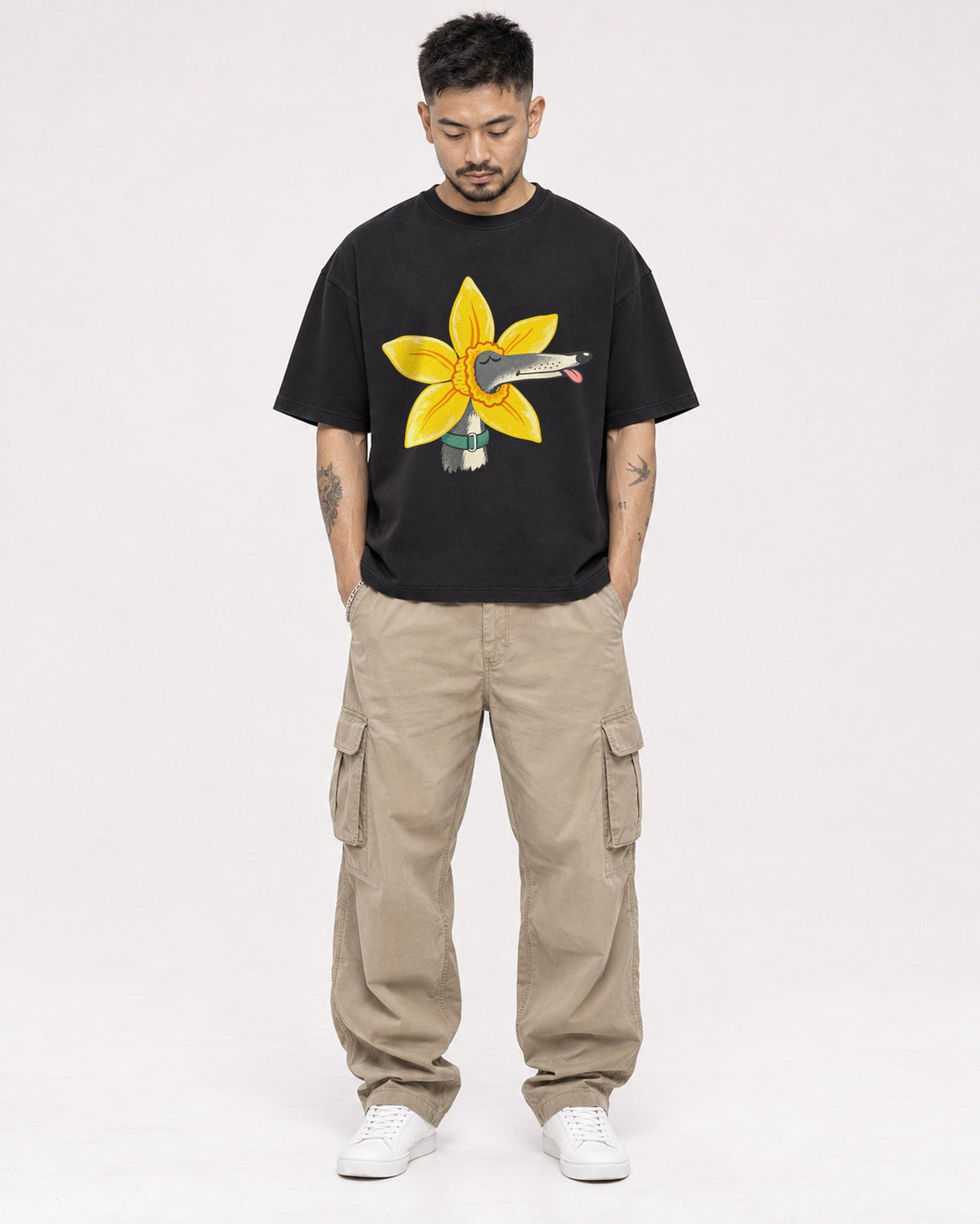 Mockup Boxy Heavyweight Tee Black male full-body 12