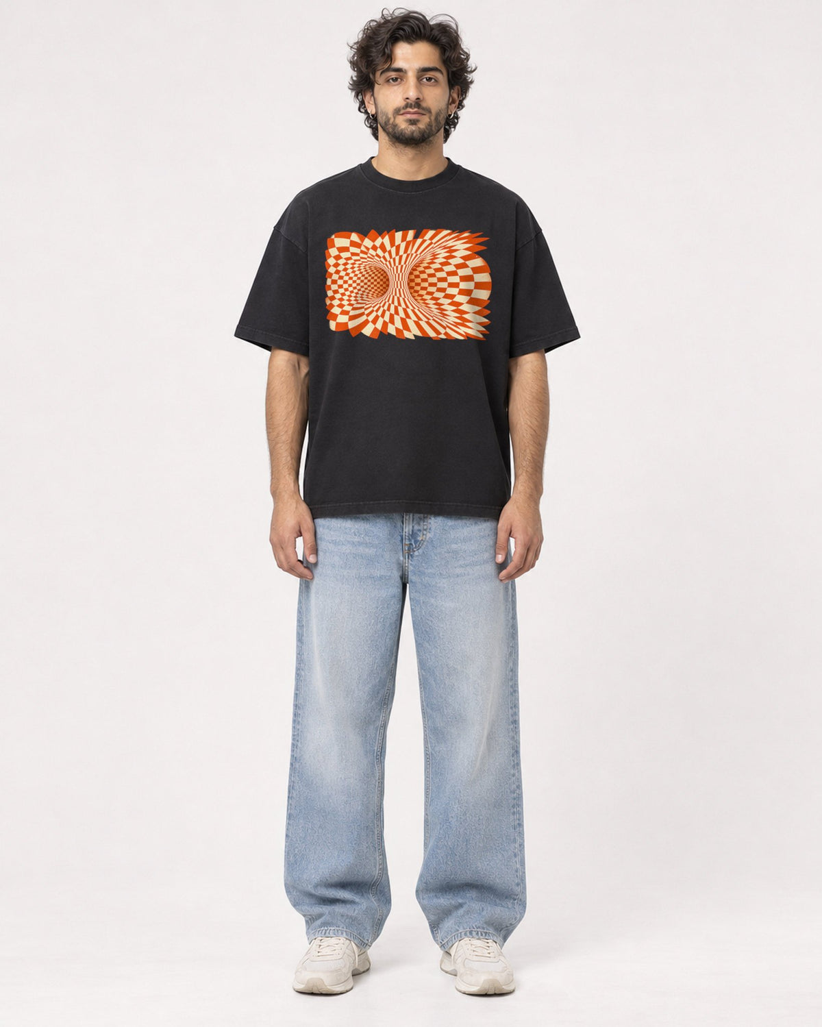 Mockup Boxy Heavyweight Tee Black male full-body 17