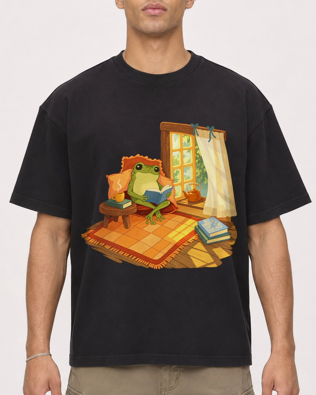 Mockup Boxy Heavyweight Tee Black male close-up 20