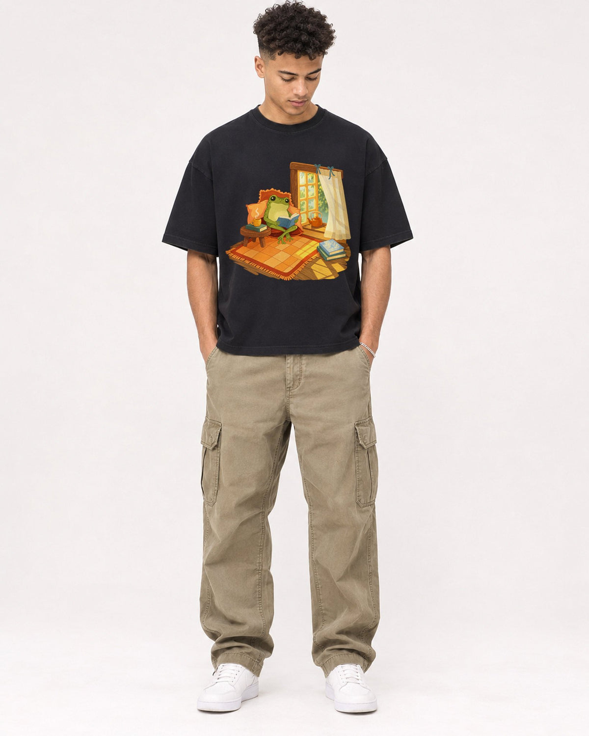 Mockup Boxy Heavyweight Tee Black male full-body 20