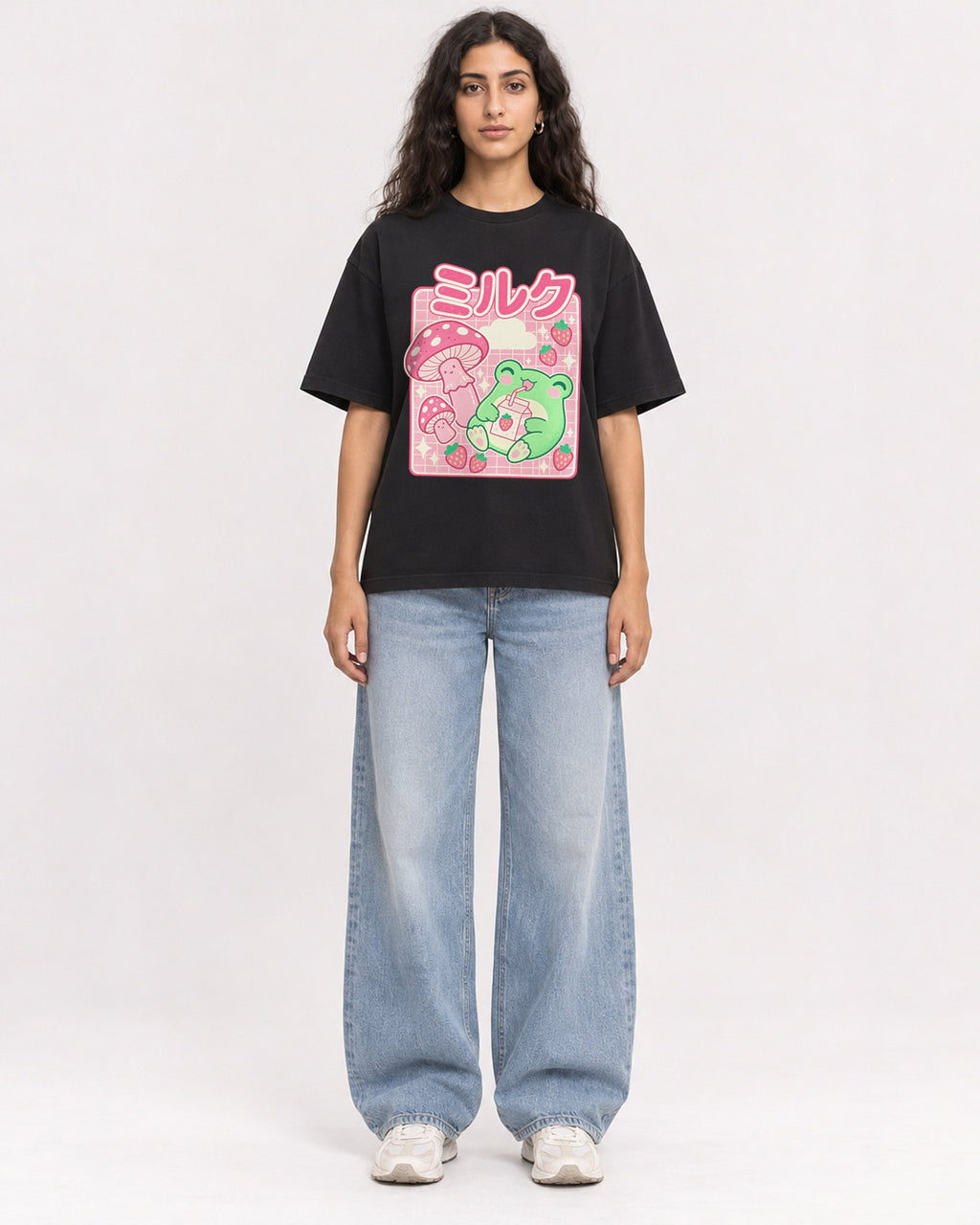 Mockup Boxy Heavyweight Tee Black female full-body 07