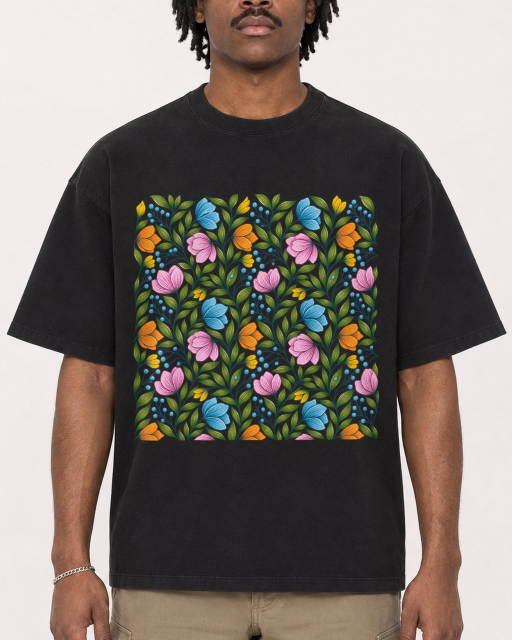 Mockup Boxy Heavyweight Tee Black male close-up 04