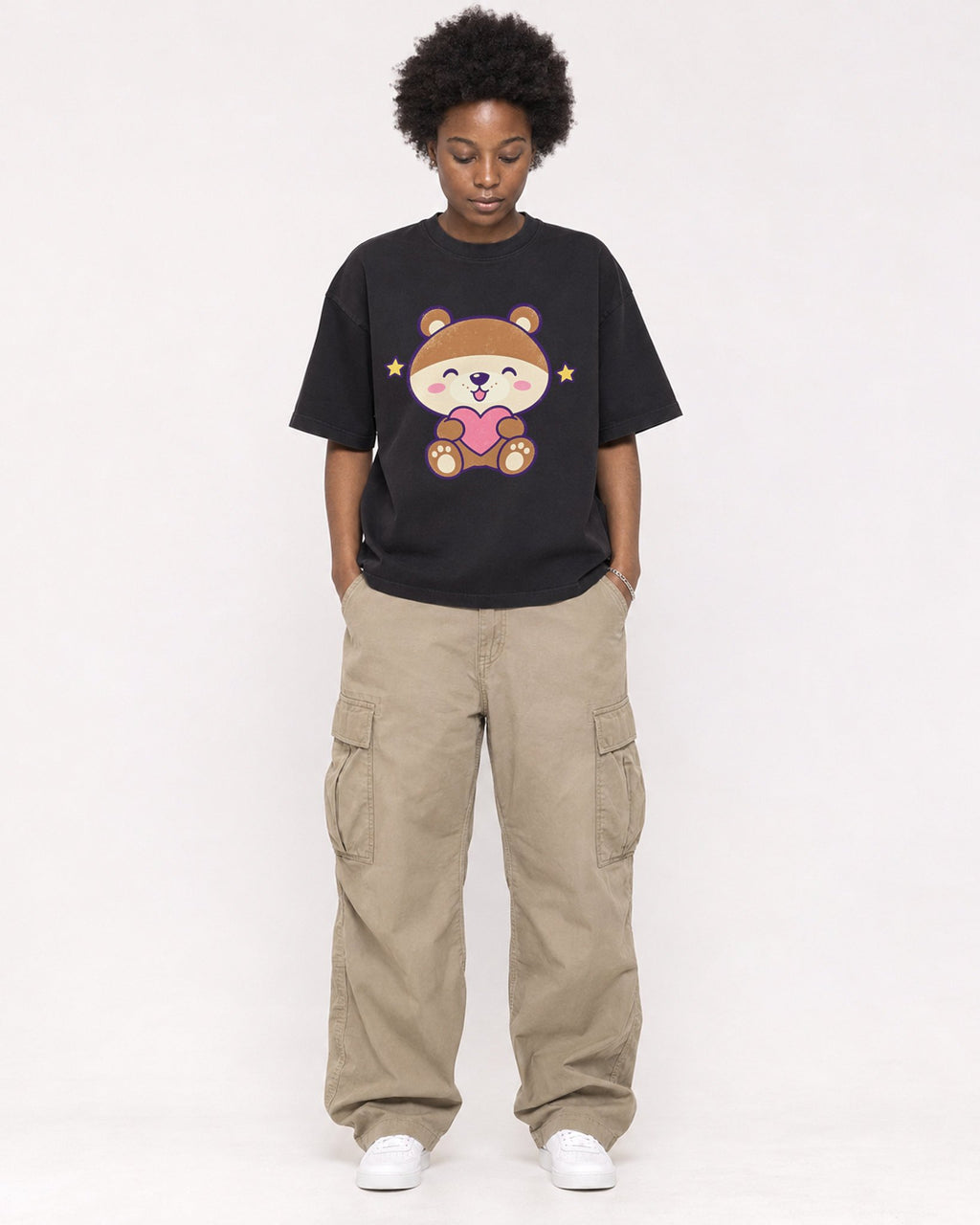 Mockup Boxy Heavyweight Tee Black female full-body 14