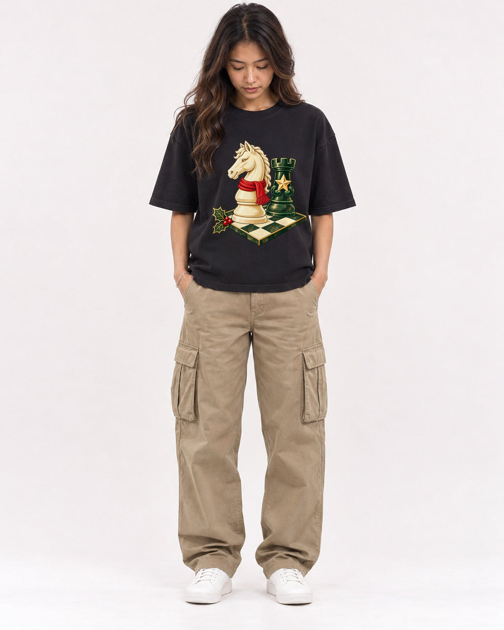 Mockup Boxy Heavyweight Tee Black female full-body 02