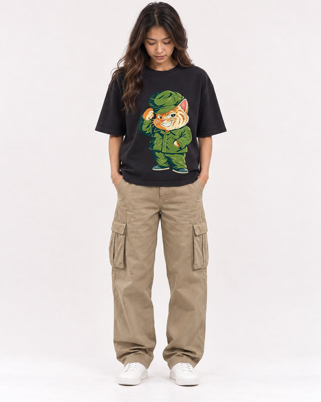 Mockup Boxy Heavyweight Tee Black female full-body 02