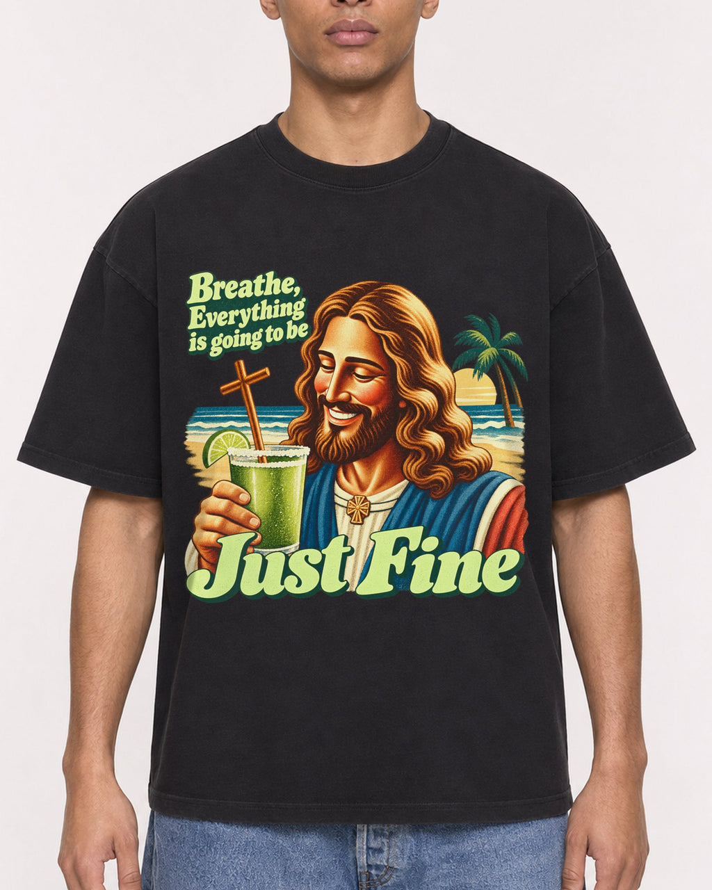 Mockup Boxy Heavyweight Tee Black male close-up 50