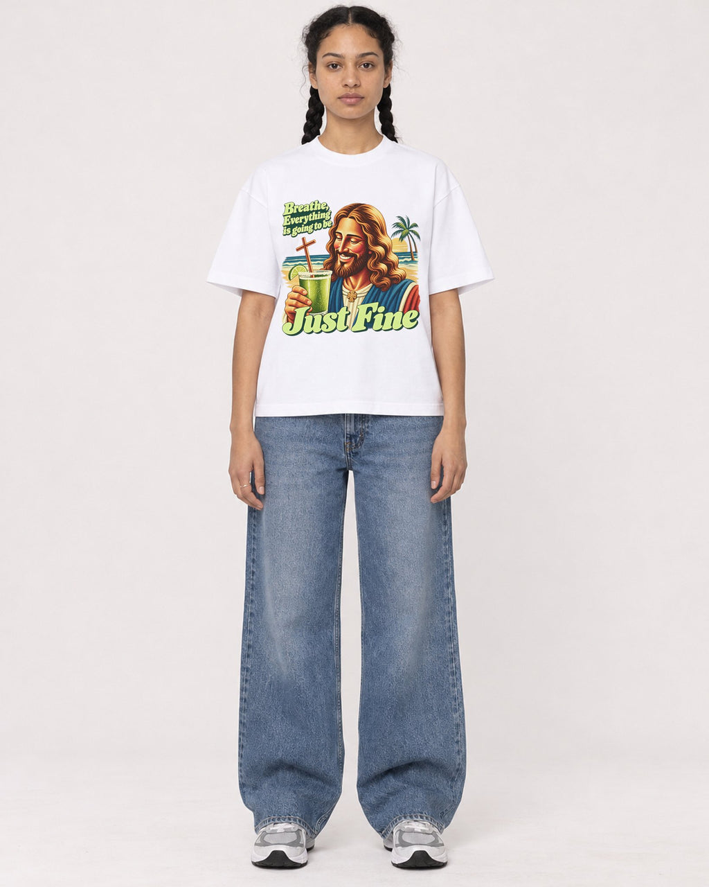 Mockup Boxy Heavyweight Tee White female full-body 50