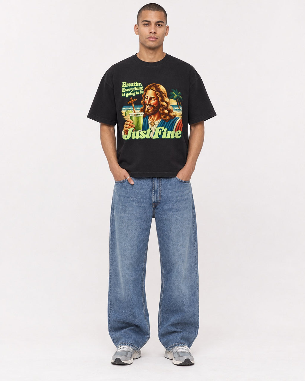 Mockup Boxy Heavyweight Tee Black male full-body 50